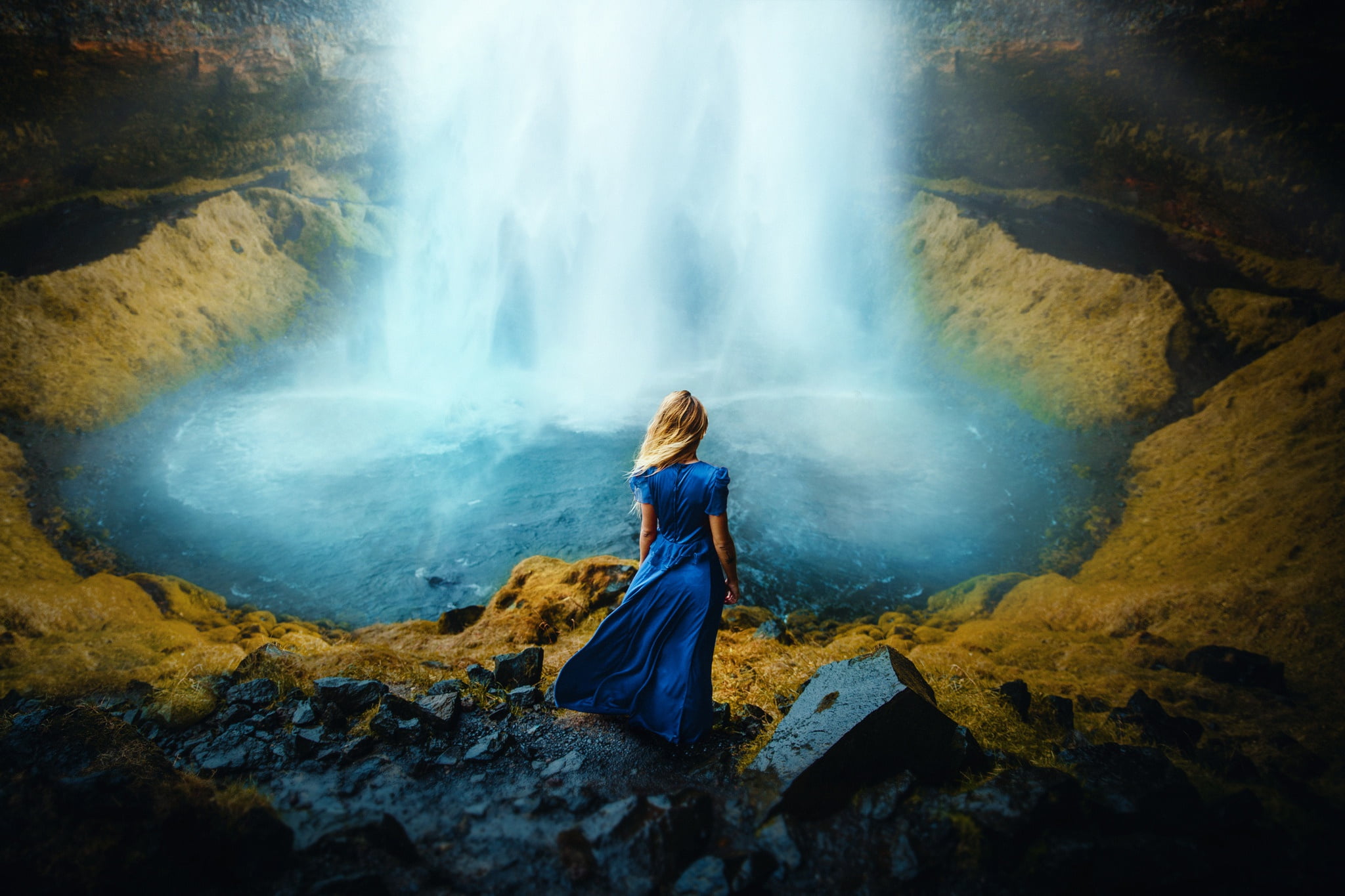 hairstyle, power in nature, one person, waterfall, lifestyles, hair, full length, blonde, rock - object, outdoors, scenics - nature, beauty in nature, Ronny Garcia, HD Wallpaper