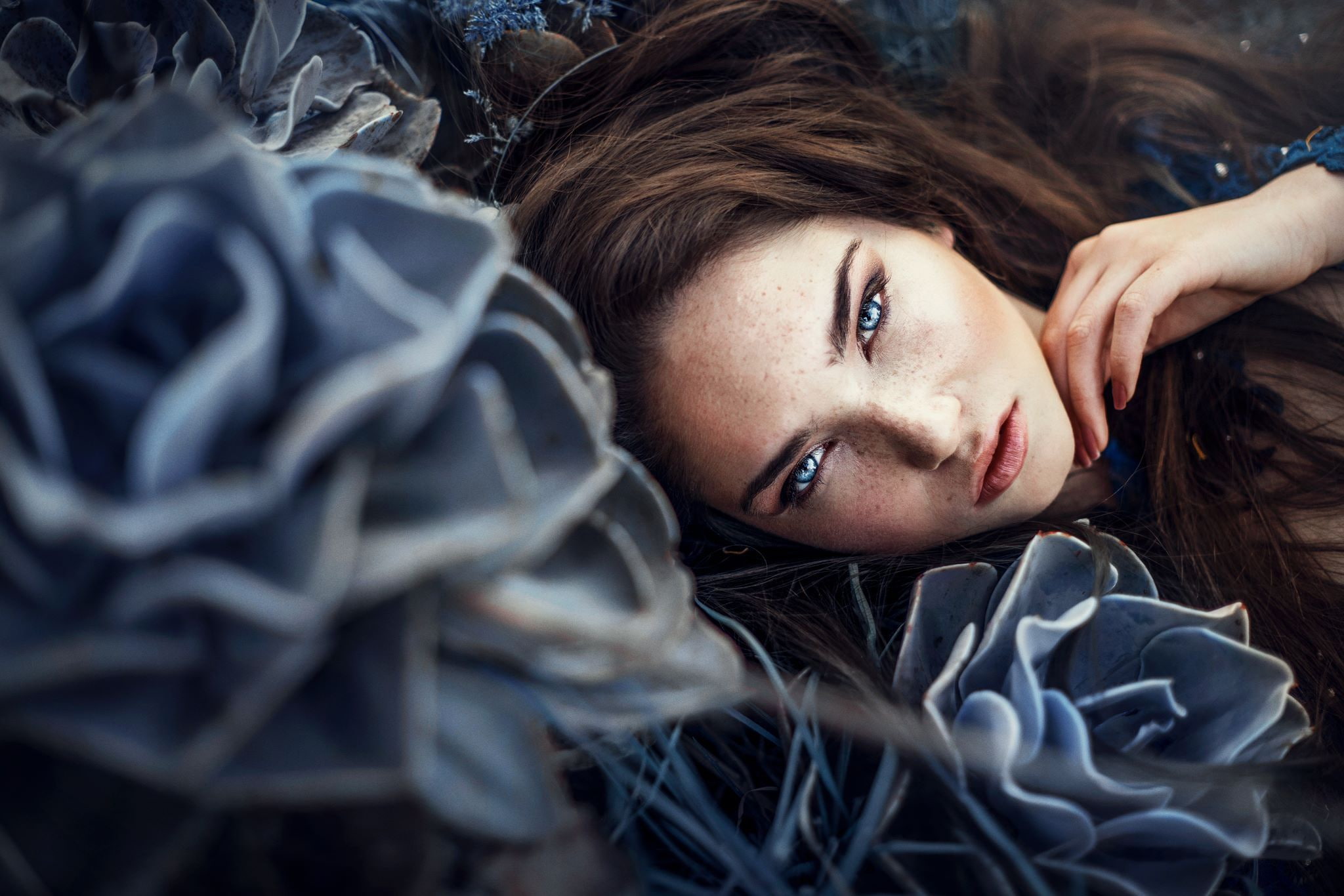 looking at viewer, Ronny Garcia, women, blue eyes, brunette, 1080P, HD Wallpaper