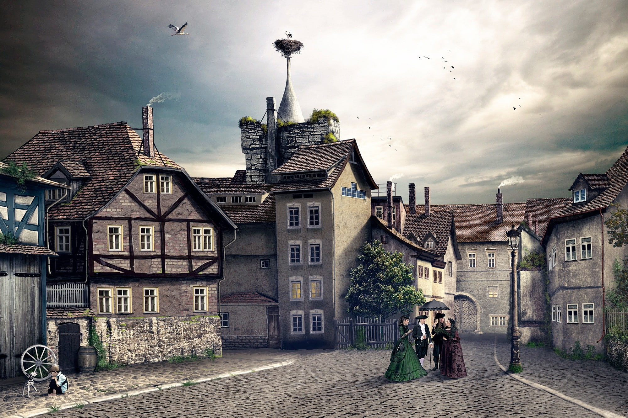 house, dog, Germany, birds, cityscape, Ronny Welscher, street light, Photoshop, building, 1080P, street, stork, architecture, nests, people, crowds, clouds, HD Wallpaper