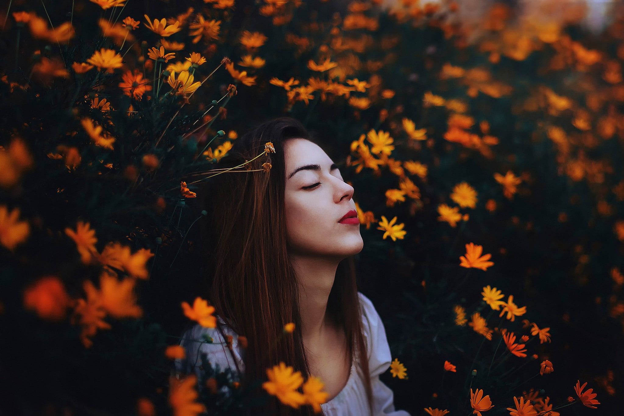 straight hair, face, portrait, closed eyes, women, auburn hair, 1080P, flowers, depth of field, Ronny Garcia, daisies, model, long hair, HD Wallpaper