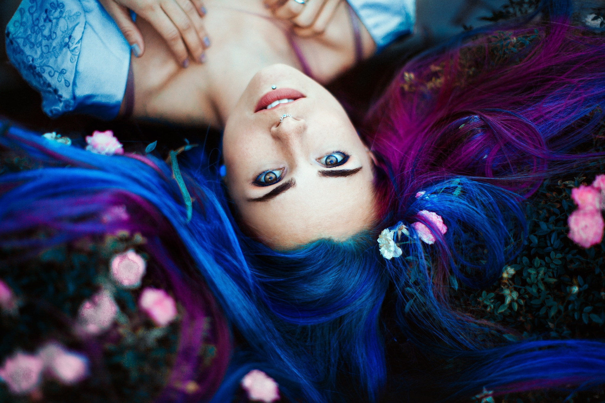 face, model, long hair, women, Ronny Garcia, dyed hair, 1080P, blue hair, eyes, HD Wallpaper