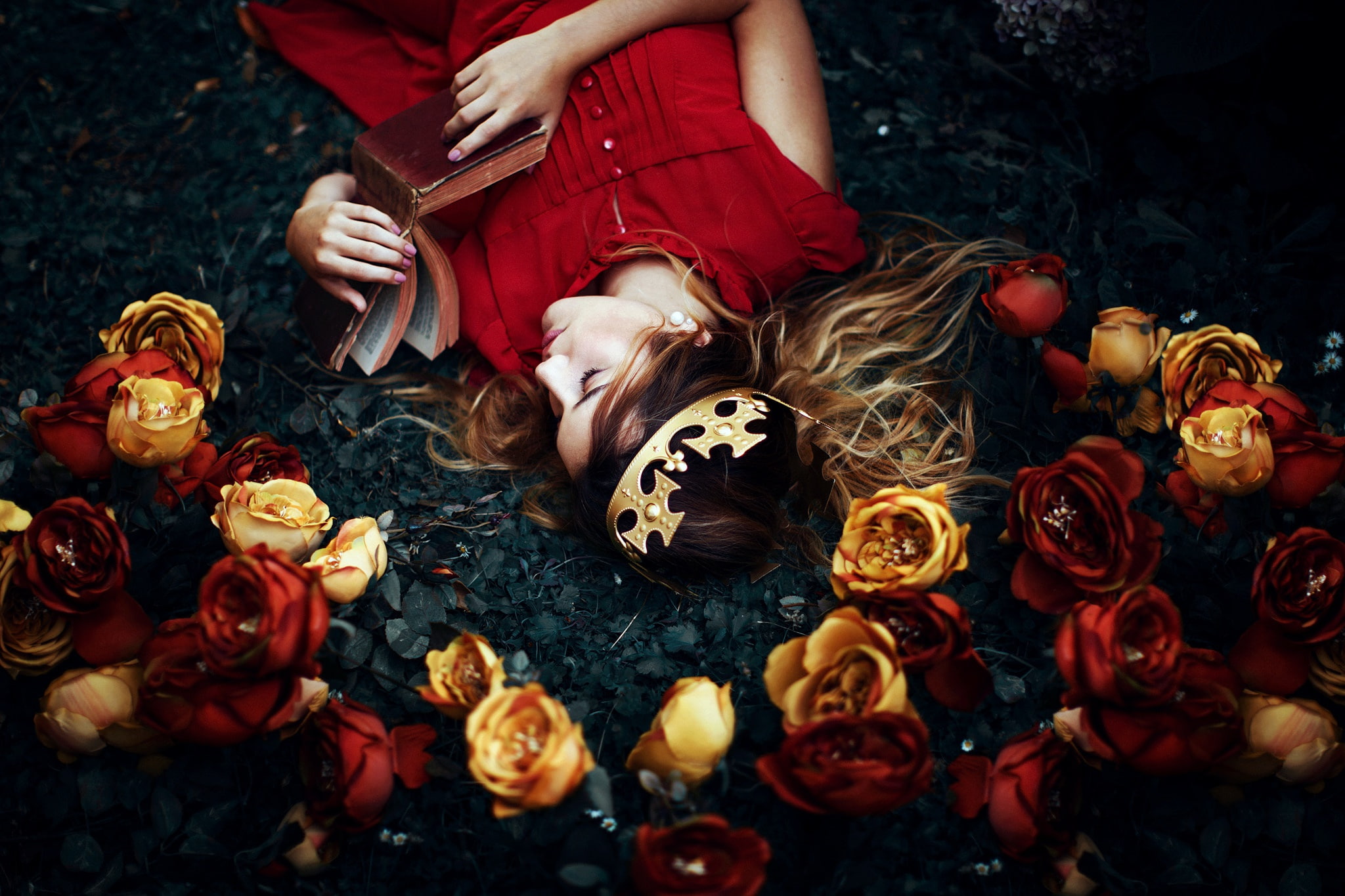 flowers, girl, 1080P, sleep, book, crown, Ronny Garcia, My wonderland, HD Wallpaper