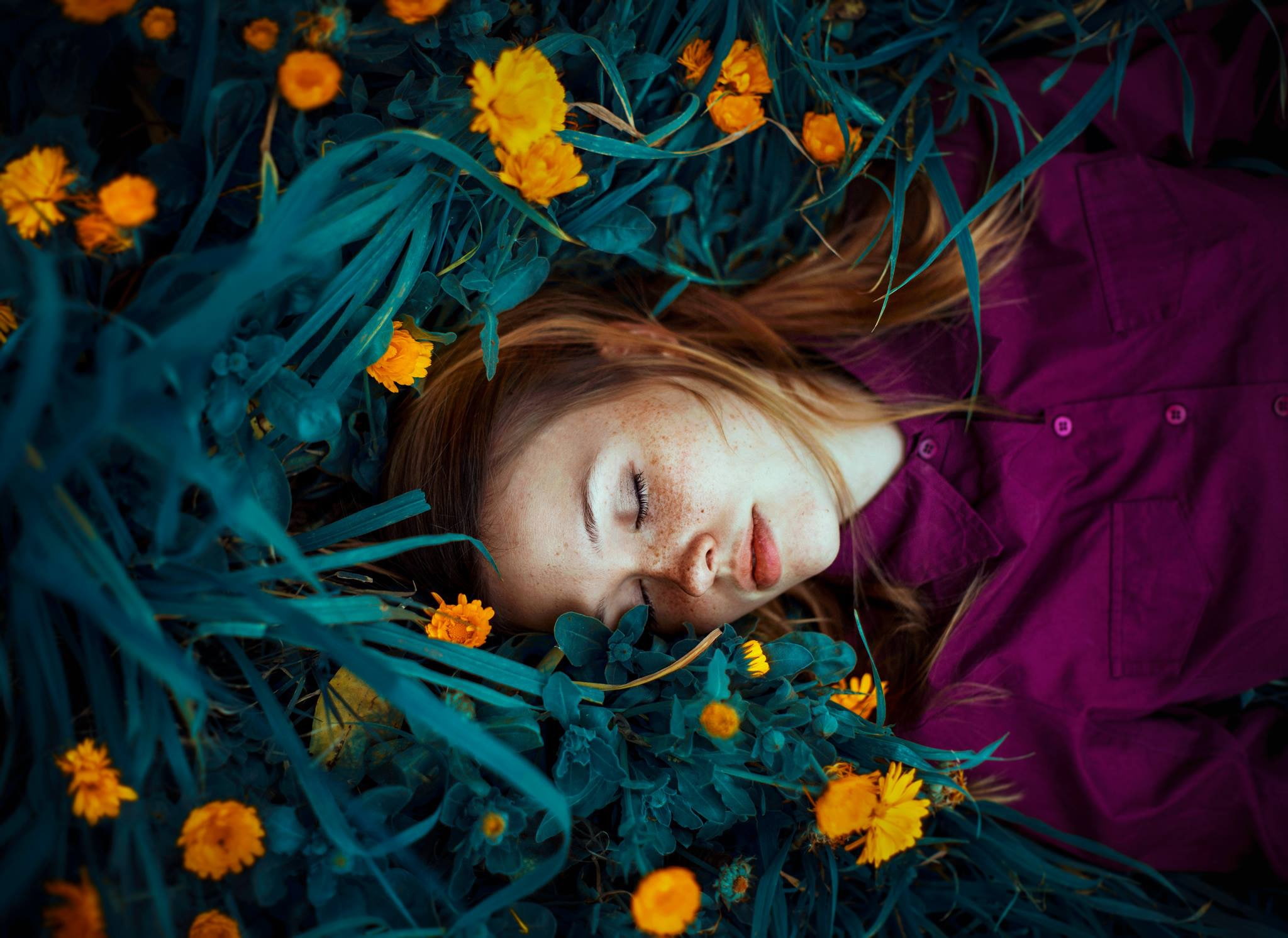 1080P, redhead, sleeping girl, girl, freckled, red, calendula, flowers, freckles, sleep, Ronny Garcia, grass, HD Wallpaper