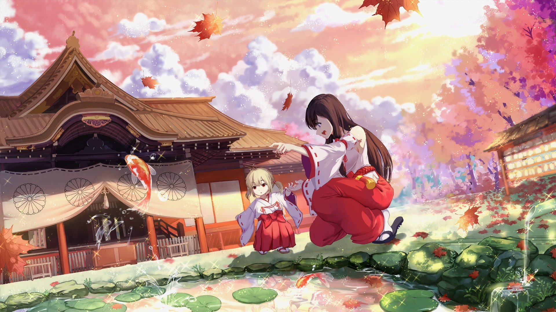 Girl, Anime, Shrine, Mirror, Fish, Kimono, 1080P, Shrine Maiden, HD Wallpaper