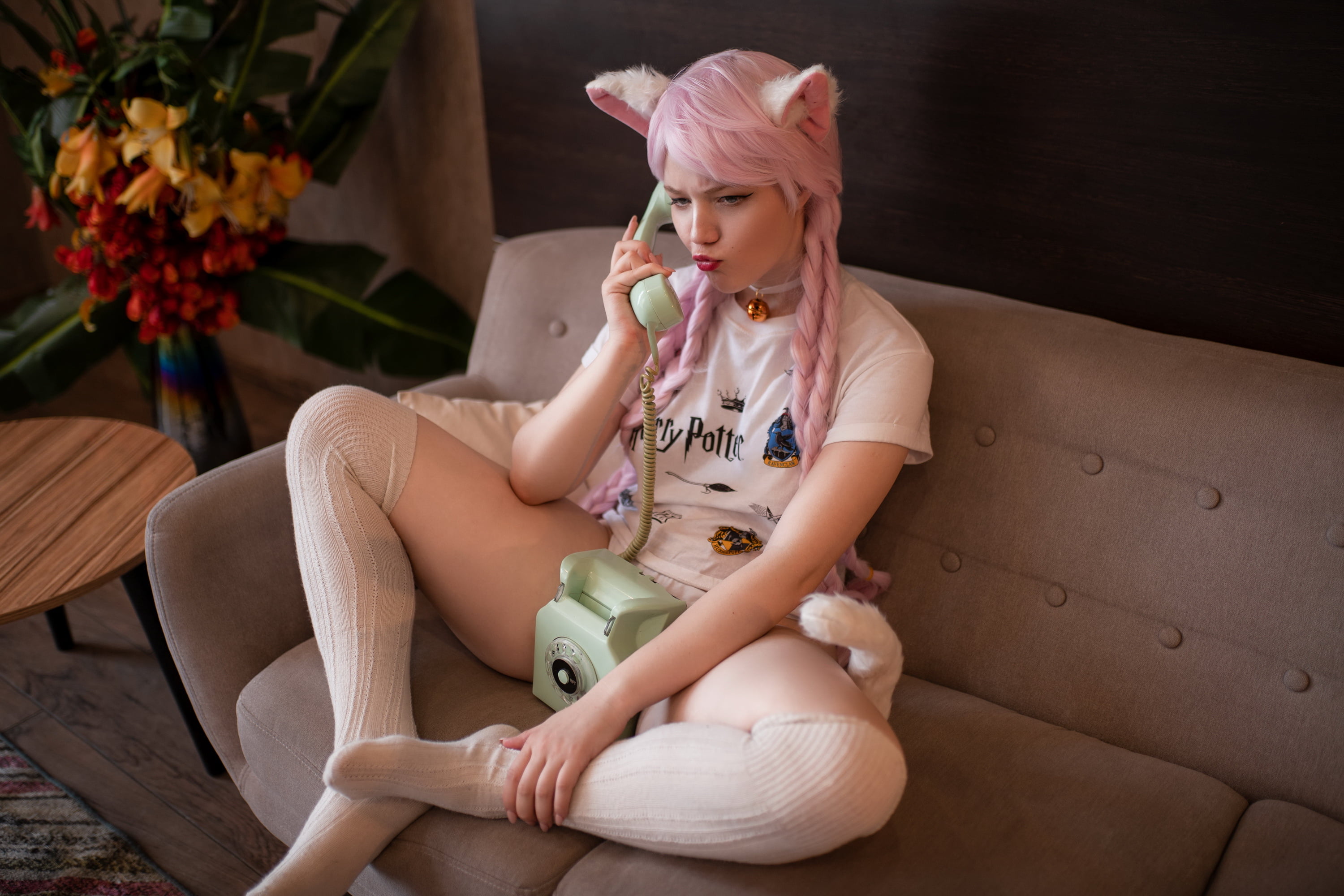 stockings, women, animal ears, indoors, cosplay, 2K, women indoors, pink hair, Lada Lyumos, thighs, model, HD Wallpaper