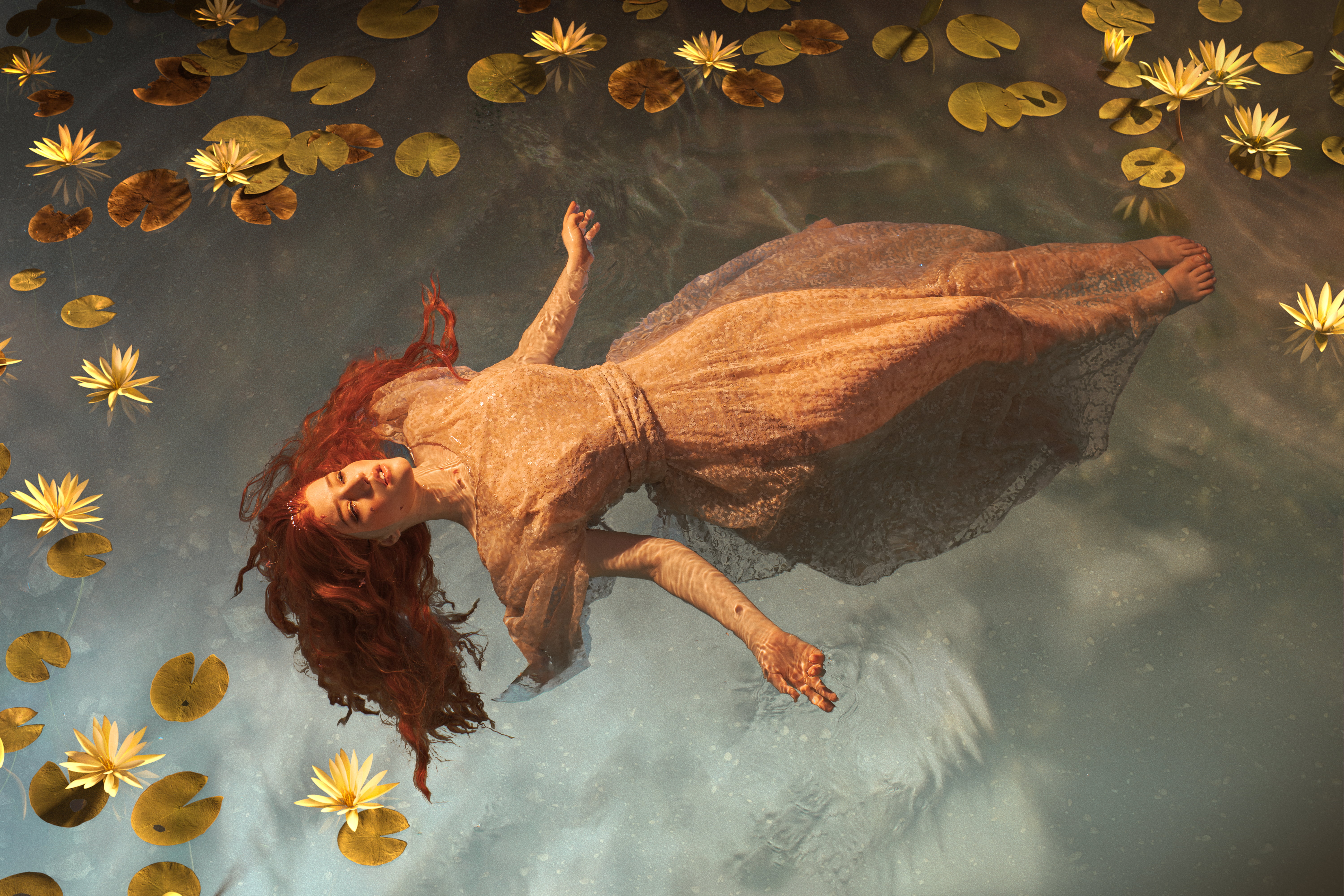 Lada Lyumos, women, 5K, redhead, long hair, model, wet, cosplay, water, dress, HD Wallpaper