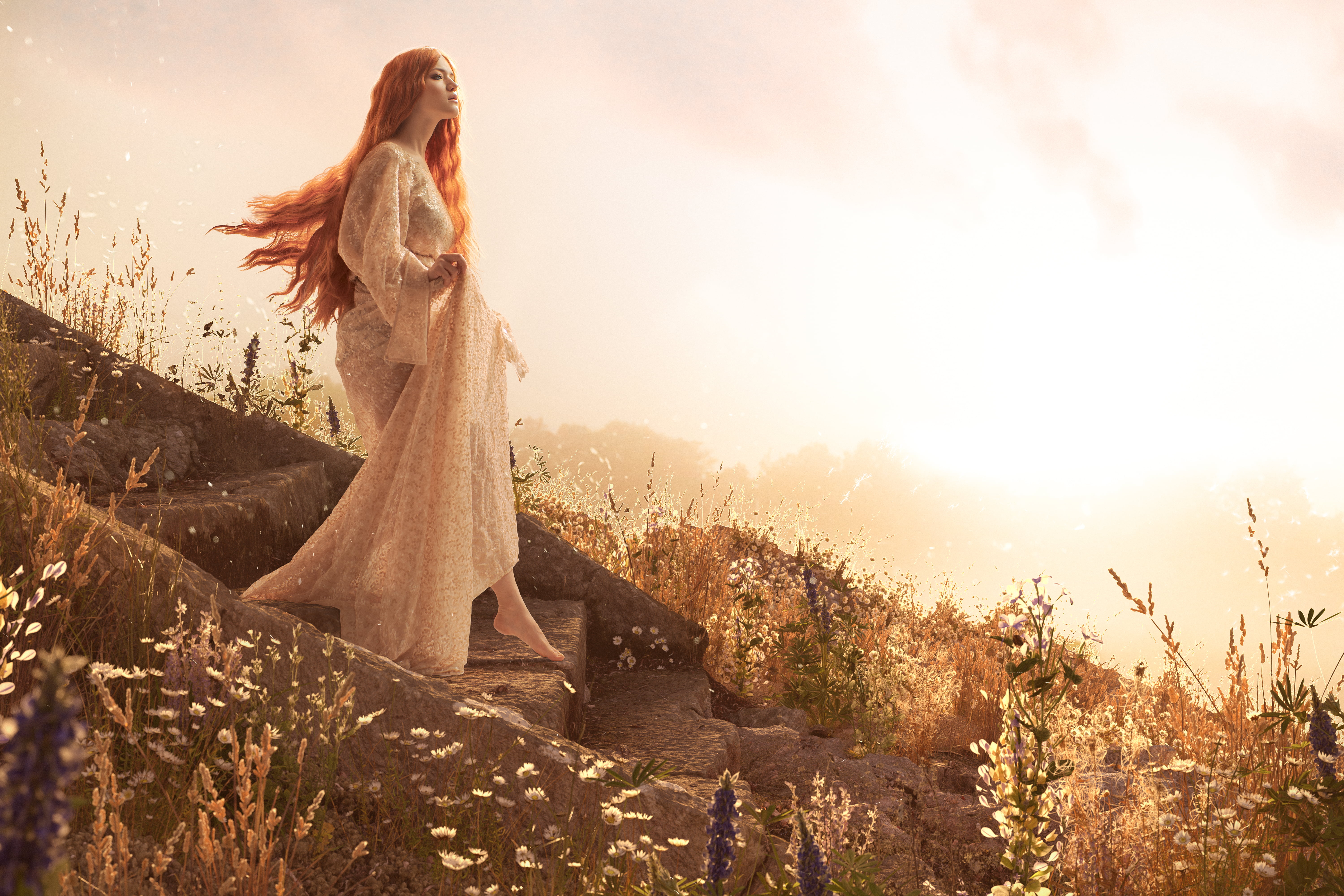 plants, long hair, women, Lada Lyumos, cosplay, redhead, dress, model, 5K, HD Wallpaper
