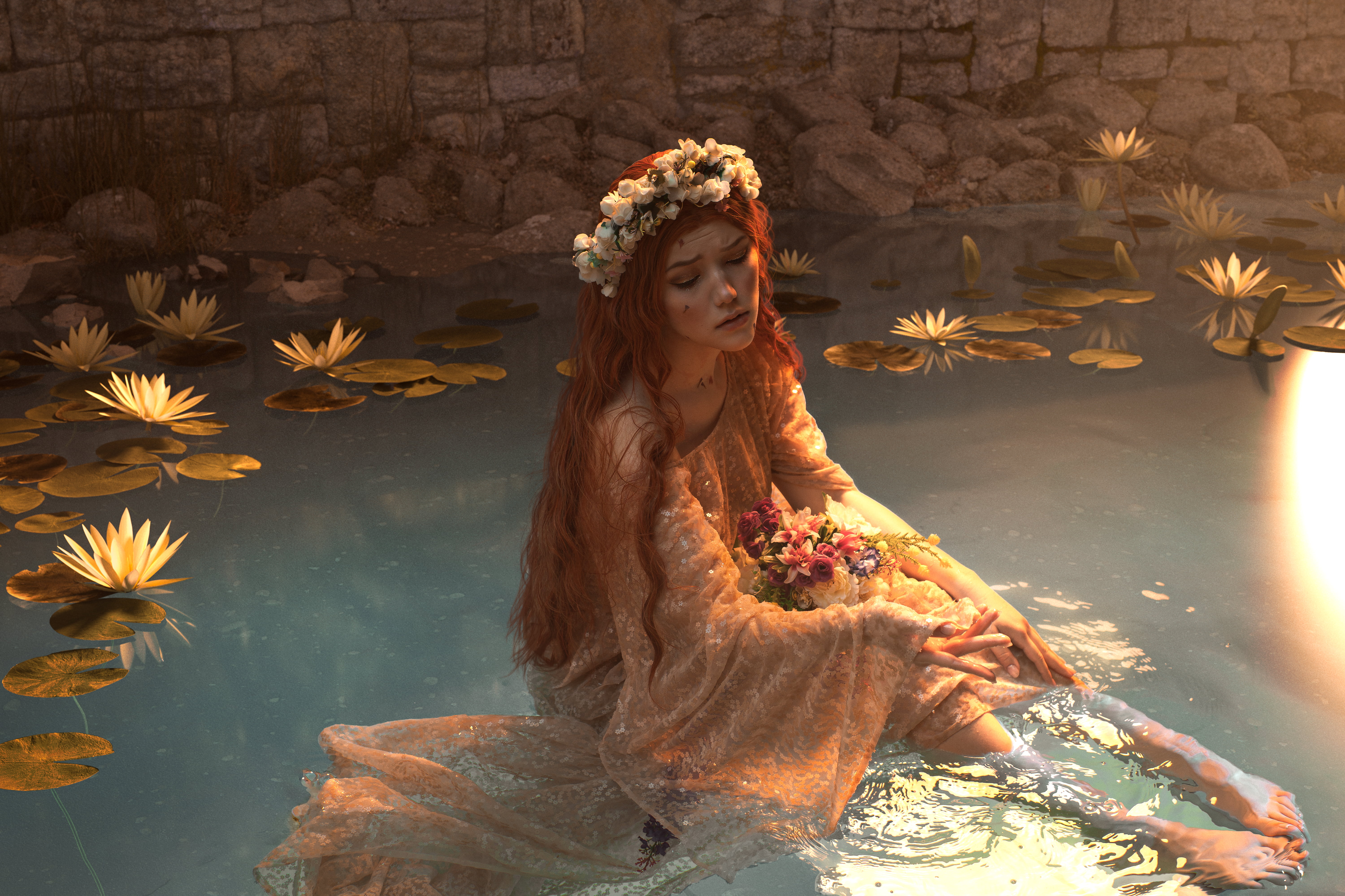 water, cosplay, women, redhead, long hair, wet, dress, Lada Lyumos, model, 5K, HD Wallpaper