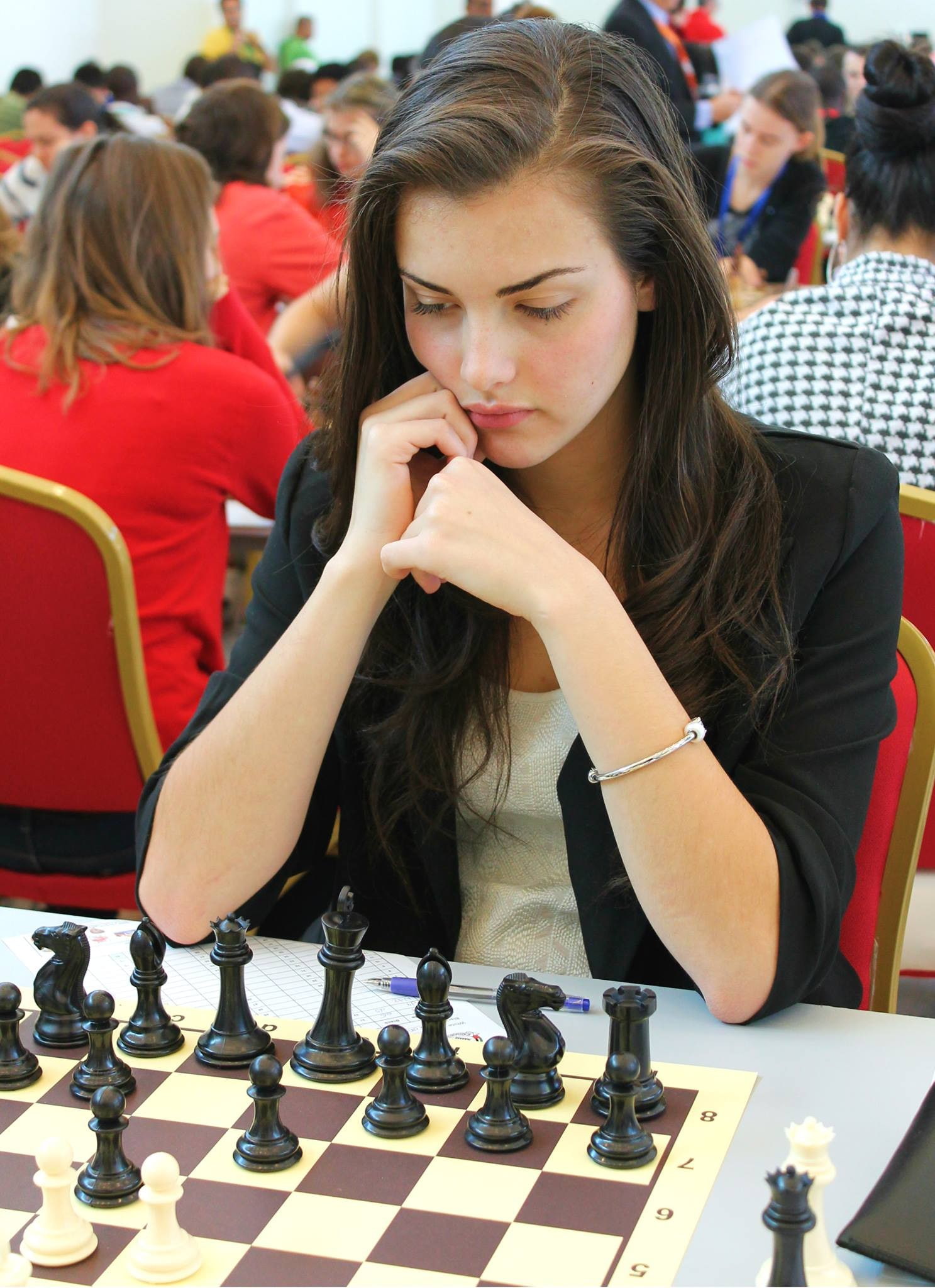 Alexandra Botez, chess, brunette, long hair, vest, Canadian, thinking, 1080P, women, Phone HD Wallpaper