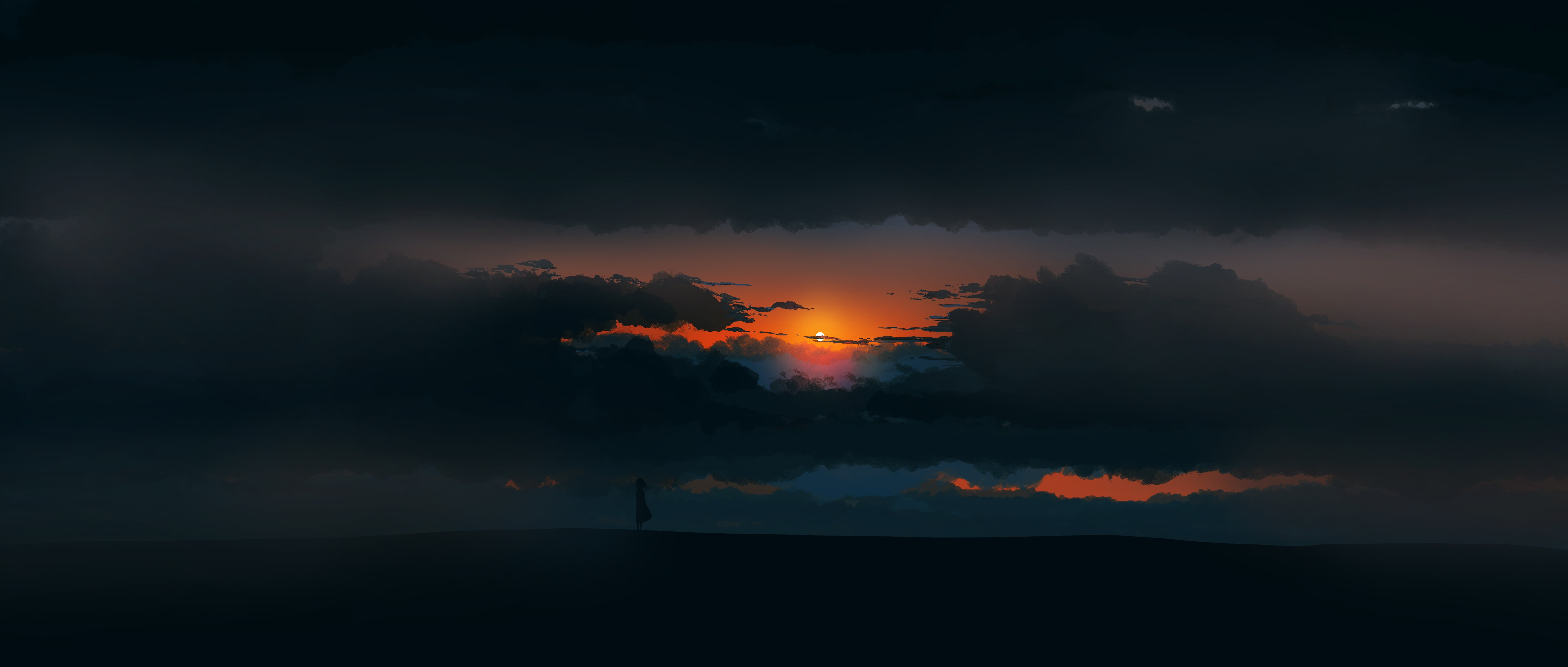 sun, mood, art, girl, clouds, twilight, Sunset, artwork, shilouette, illustration, figure, 5K, environment, landscape, digital art, alone, sky, HD Wallpaper