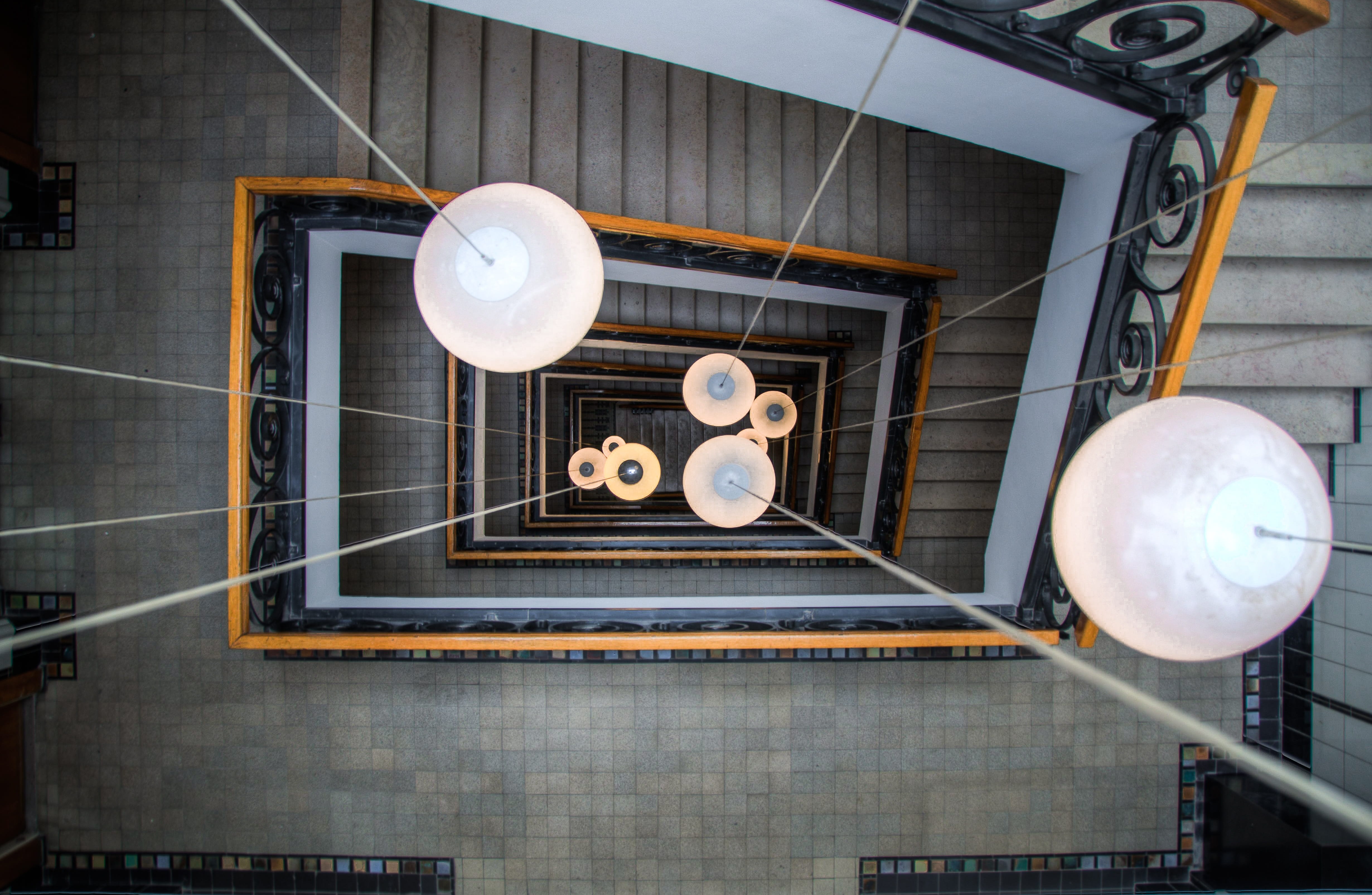 architecture, hanging, day, stairs, directly above, electricity, arts culture and entertainment, balloon, business, low angle view, floor, pendant light, HD Wallpaper