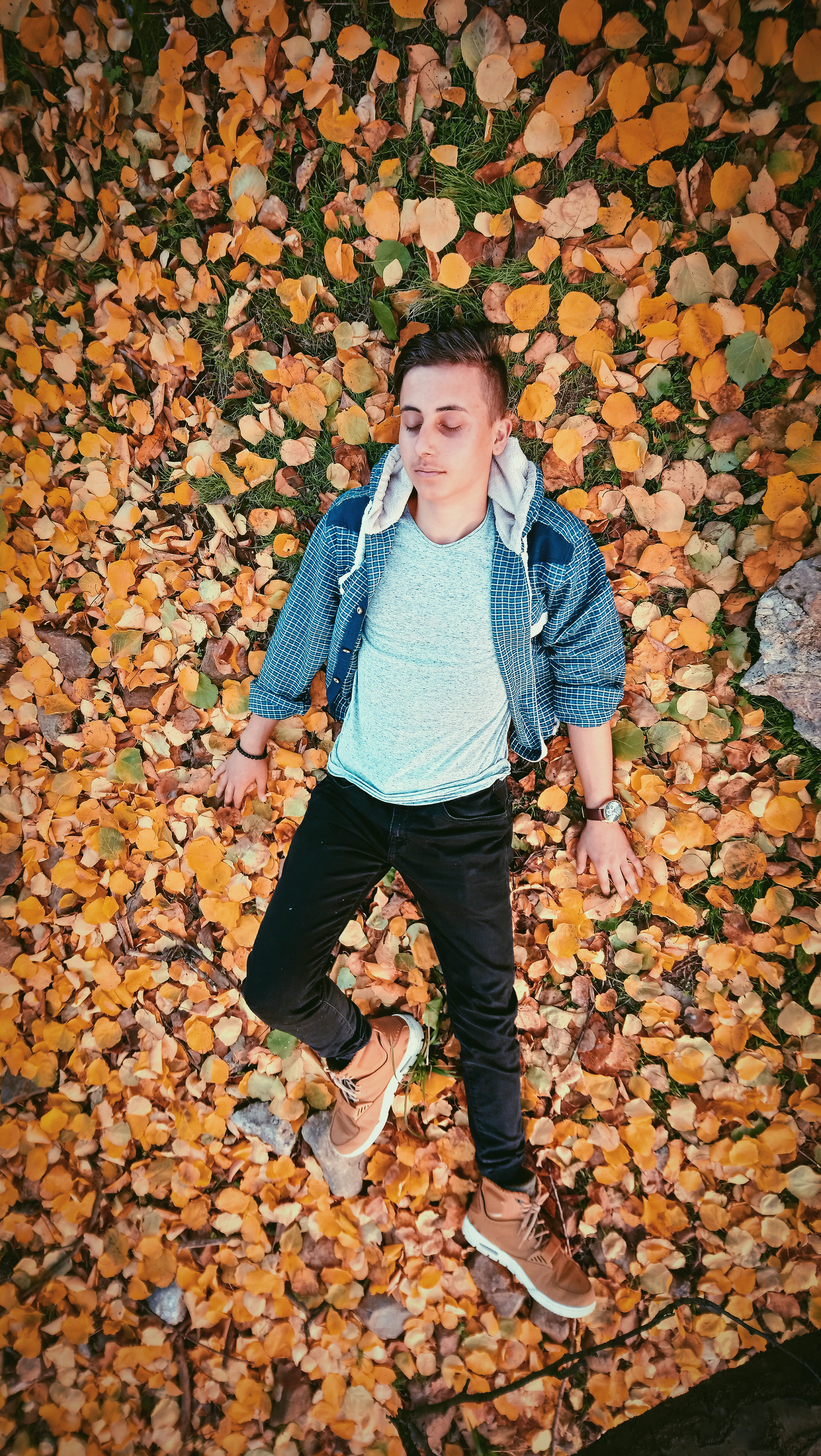 leaves, man, photoshoot, nature, leaf, 5K, real people, high angle view, jeans, person, teenager, teenage boys, young adult, fashion, wear, full length, Phone HD Wallpaper