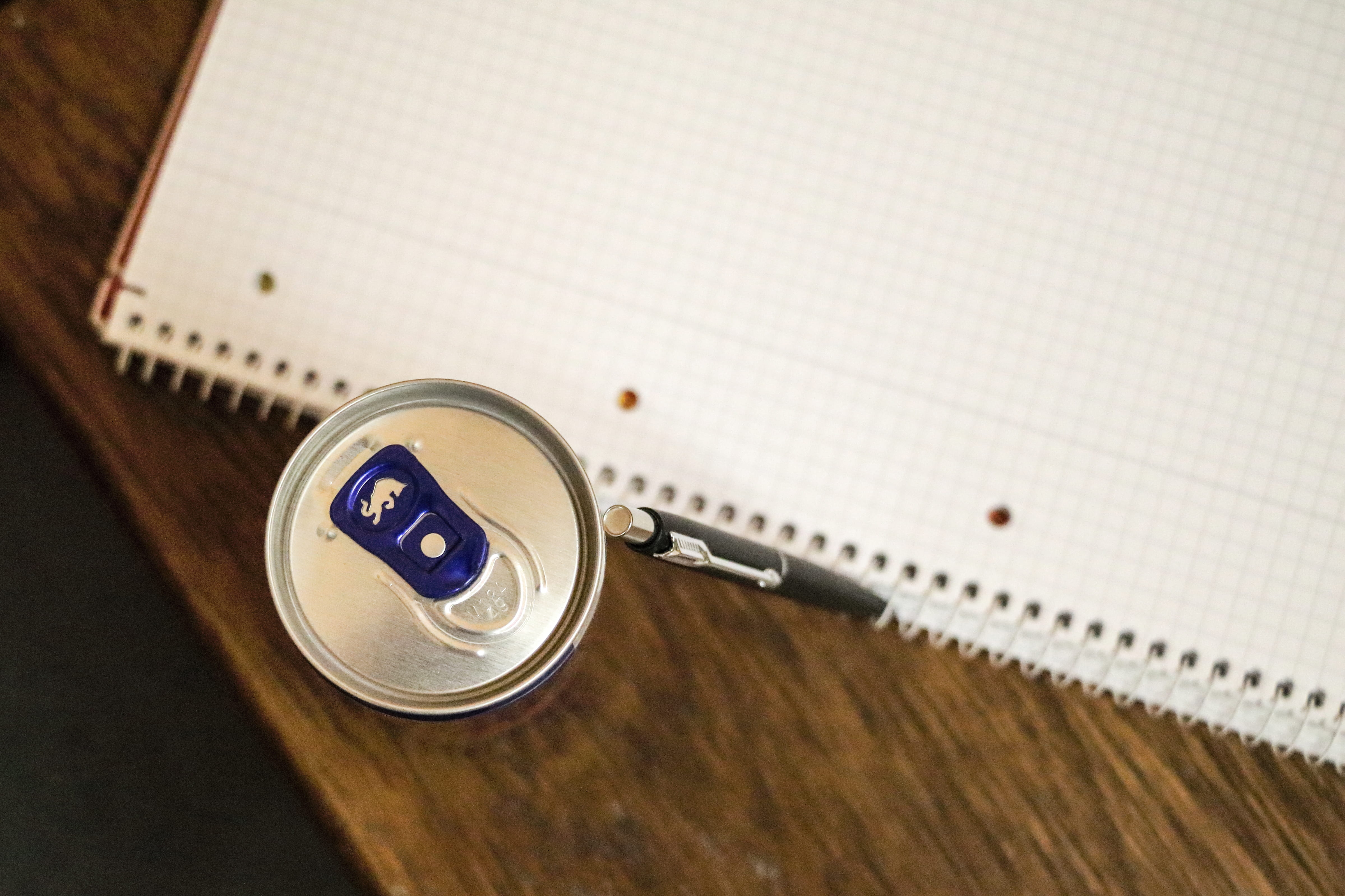 droneview, office, wood, officedesk, pen, wireless technology, study, desk, close-up, focus on foreground, topview, redbull, booklet, energydrink, copy space, HD Wallpaper