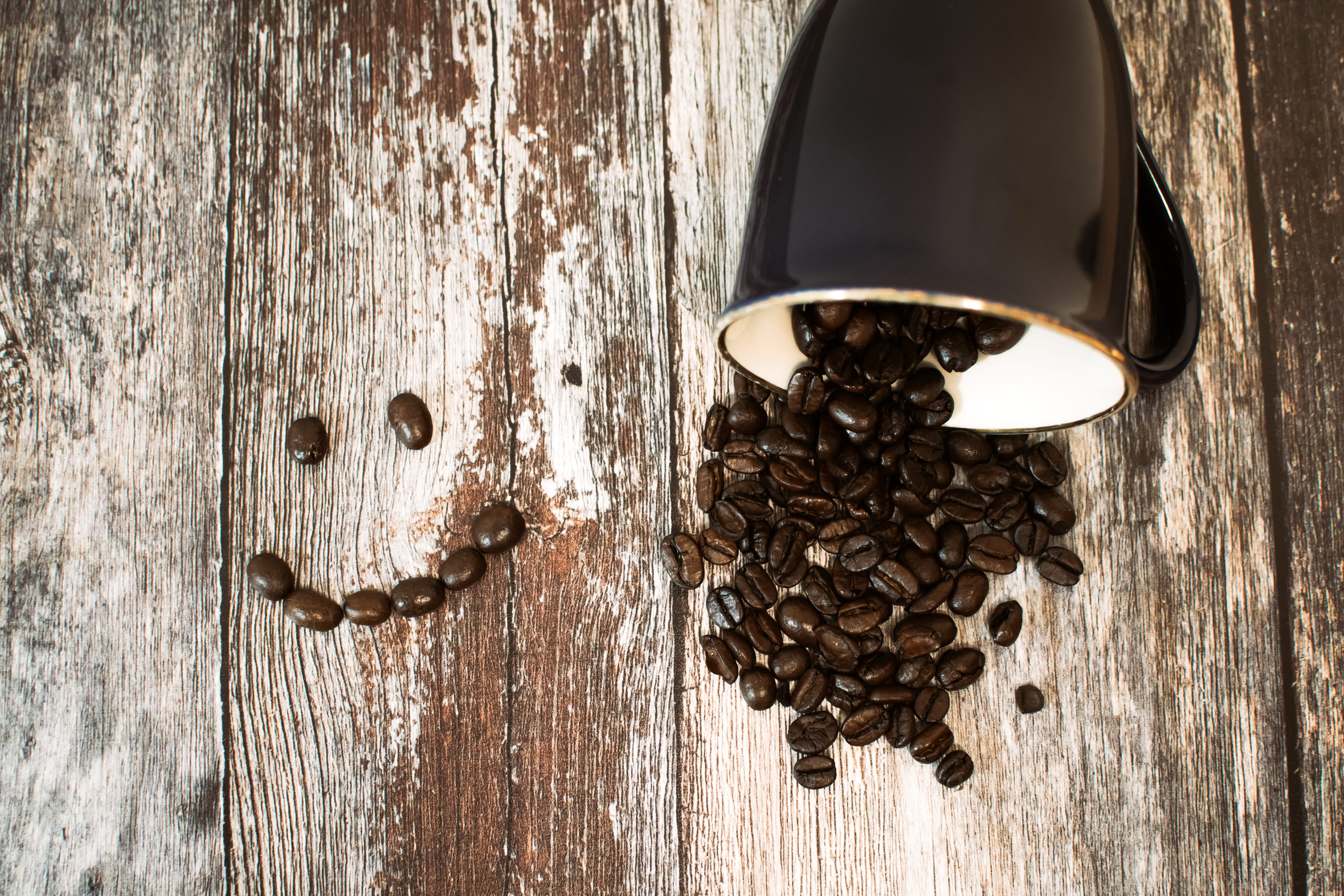 roasted coffee beans, roasted, indoors, dark, day, wood, rustic, smiley, black, food and drink, textured, 5K, still life, caffeine, topview, cup, wood - material, HD Wallpaper