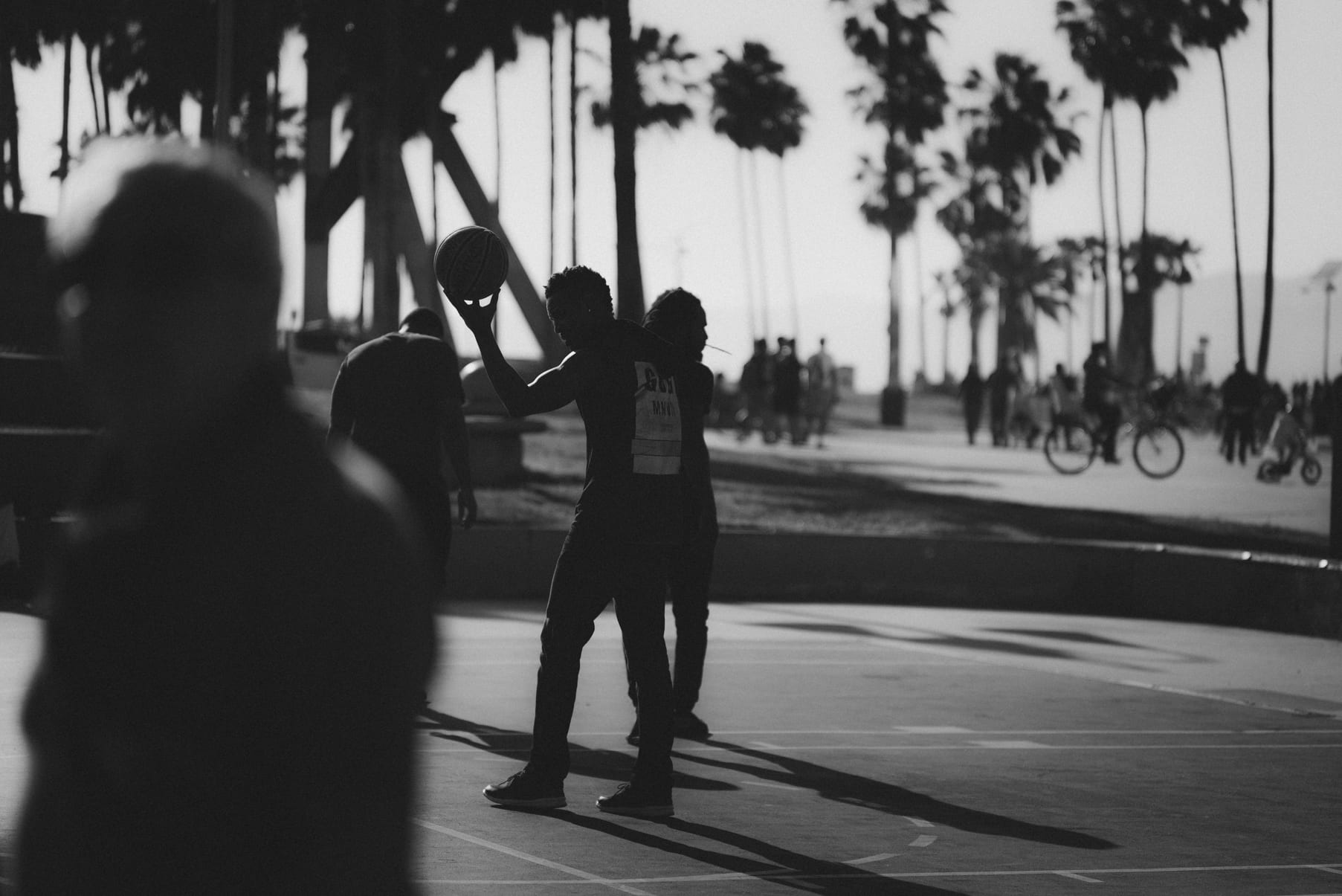 group, lifestyles, incidental people, recreation, tree, palm tree, enjoyment, focus, women, blur, wear, black-and-white, white, adult, outdoors, footpath, HD Wallpaper