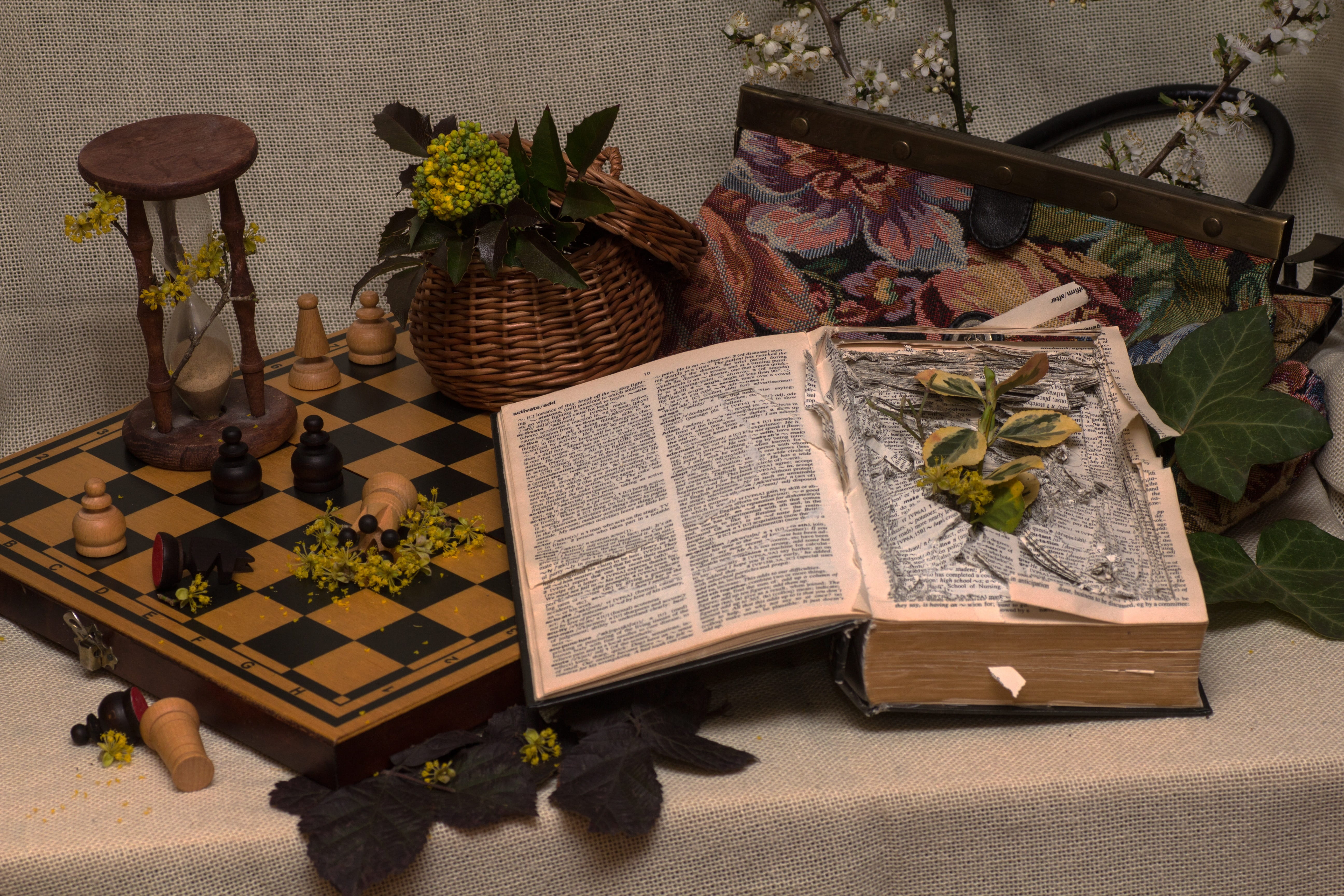 hourglass, flower, old pocket, set, high angle view, phoot, chess board, publication, herbal medicine, leaf, book, plant, white, day, 5K, wood - material, HD Wallpaper