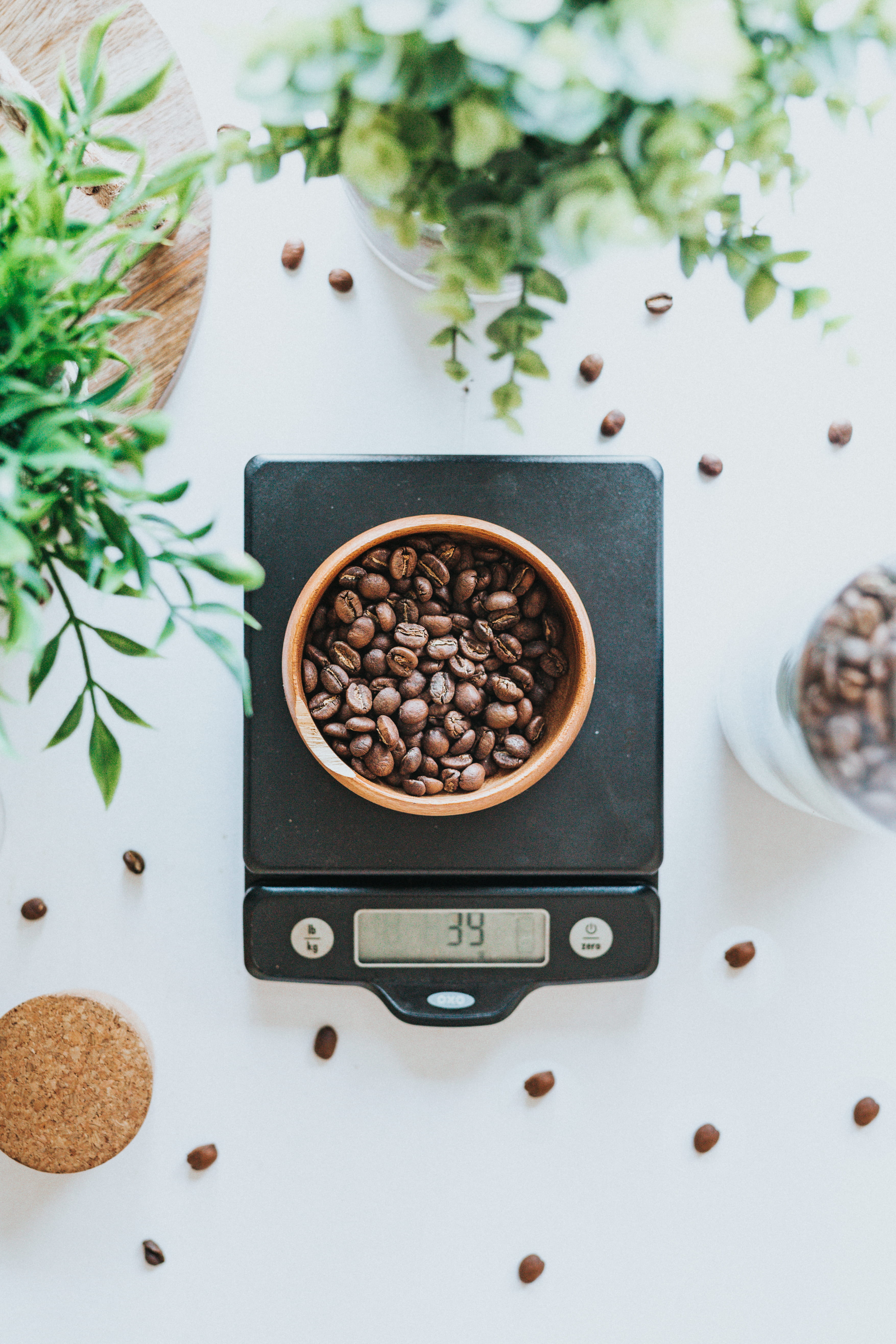 scale, coffee - drink, black, herb, potted plant, table, brown, food and drink, plant, beans, photo, digital, flatlay, wellbeing, 5K, indoors, weighing, Phone HD Wallpaper
