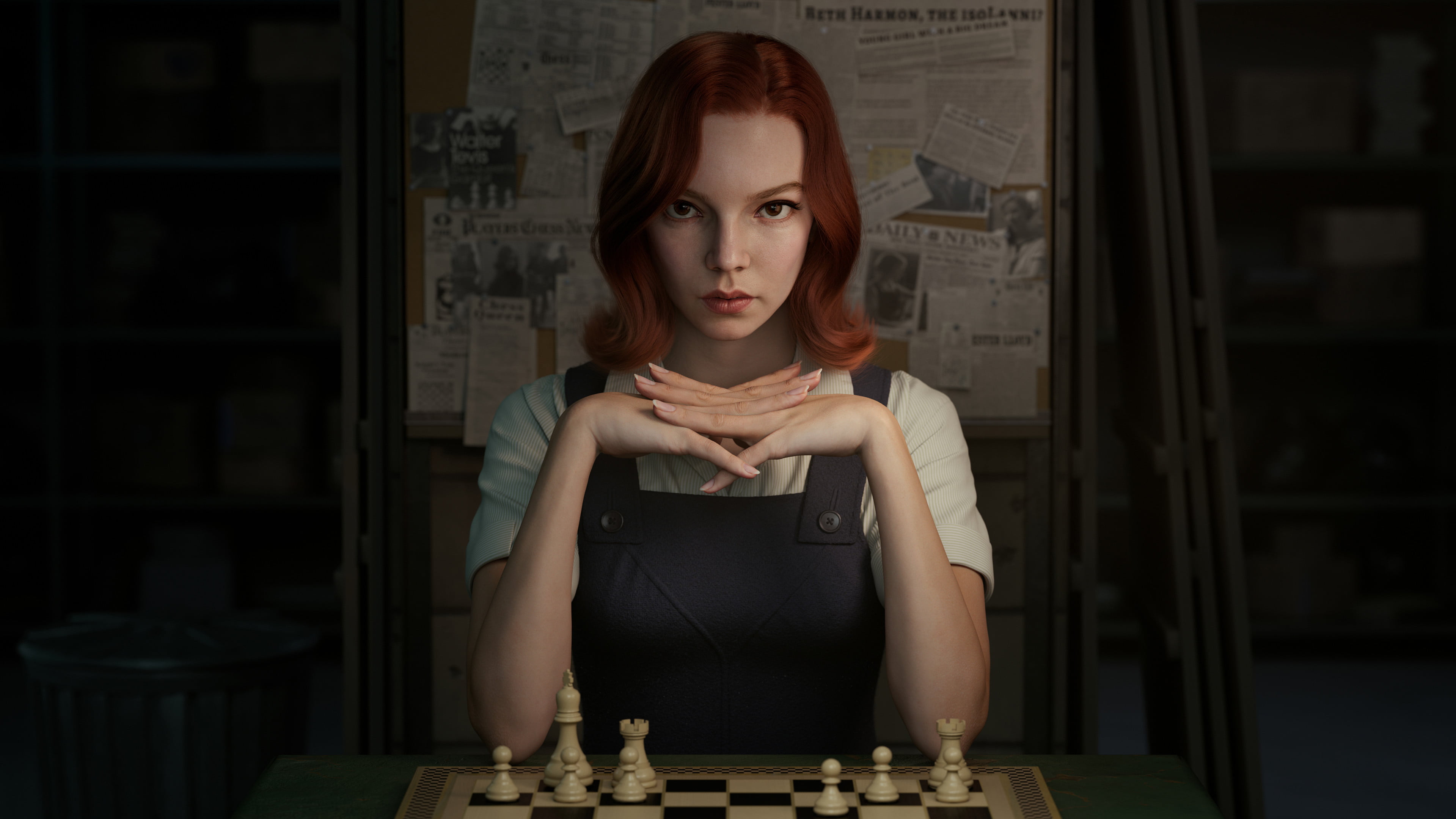 3D, The Queens Gambit, looking at viewer, 2K, Beth Harmon, ArtStation, artwork, chess, redhead, digital painting, Anya Taylor-Joy, fan art, digital art, HD Wallpaper