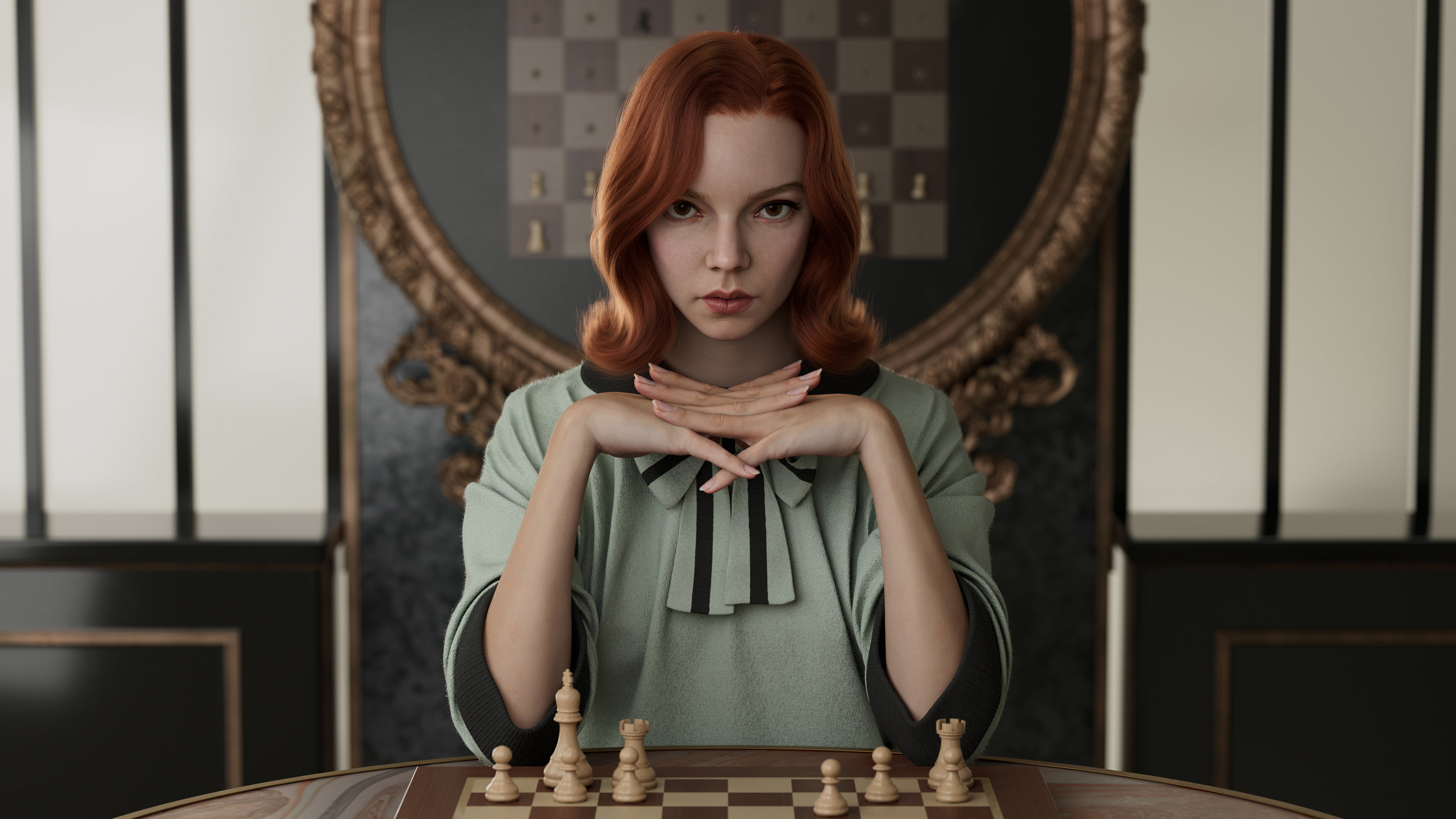 artwork, looking at viewer, 2K, redhead, 3D, Anya Taylor-Joy, ArtStation, chess, Xie Boli, Beth Harmon, The Queens Gambit, fan art, digital art, digital painting, HD Wallpaper