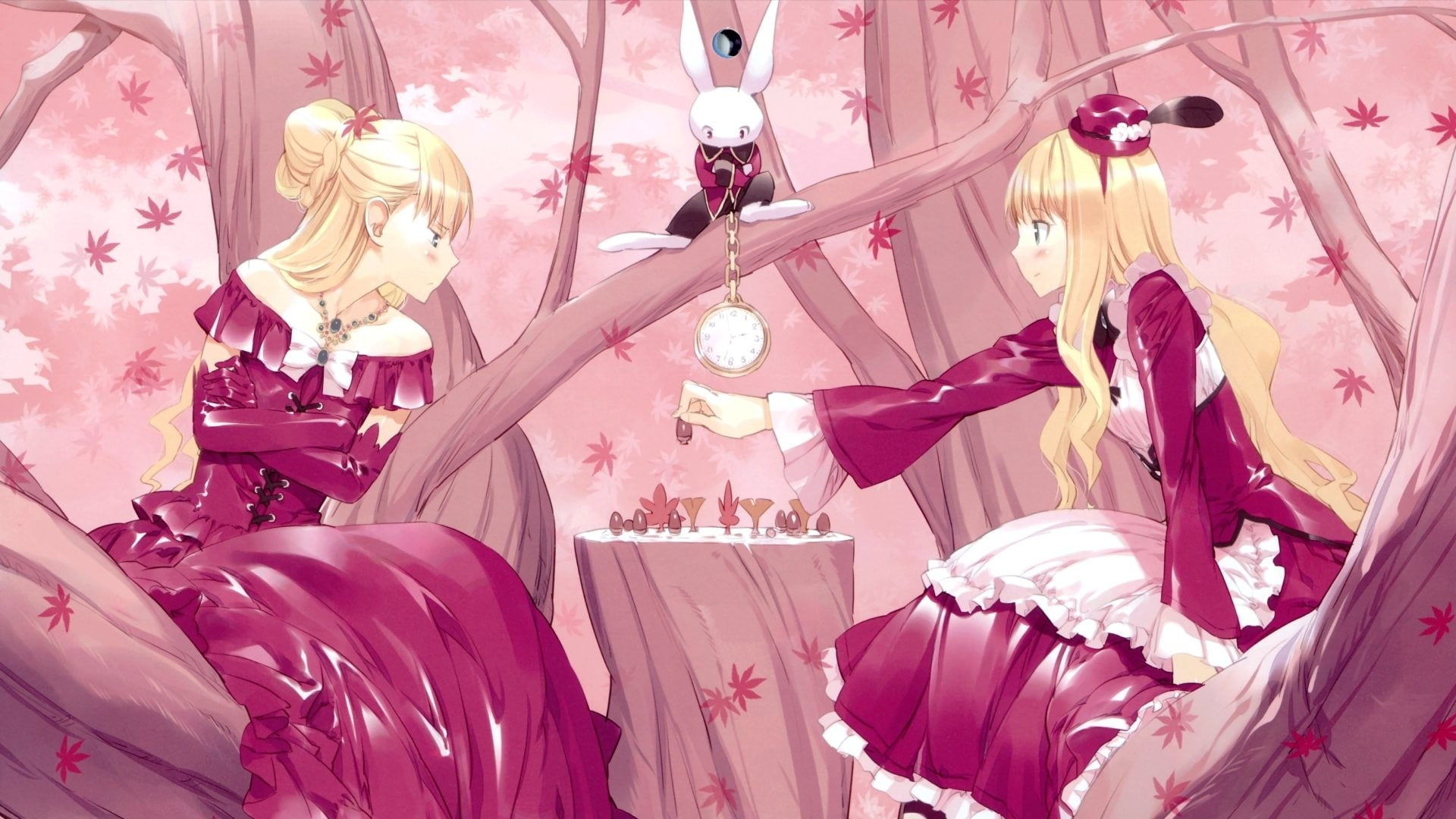 paint, art, bunnies, dress, cgi, women, abstract, wonderland, alice, cg, anime, 1080P, blondes, x, d, girls, hd, chess, HD Wallpaper