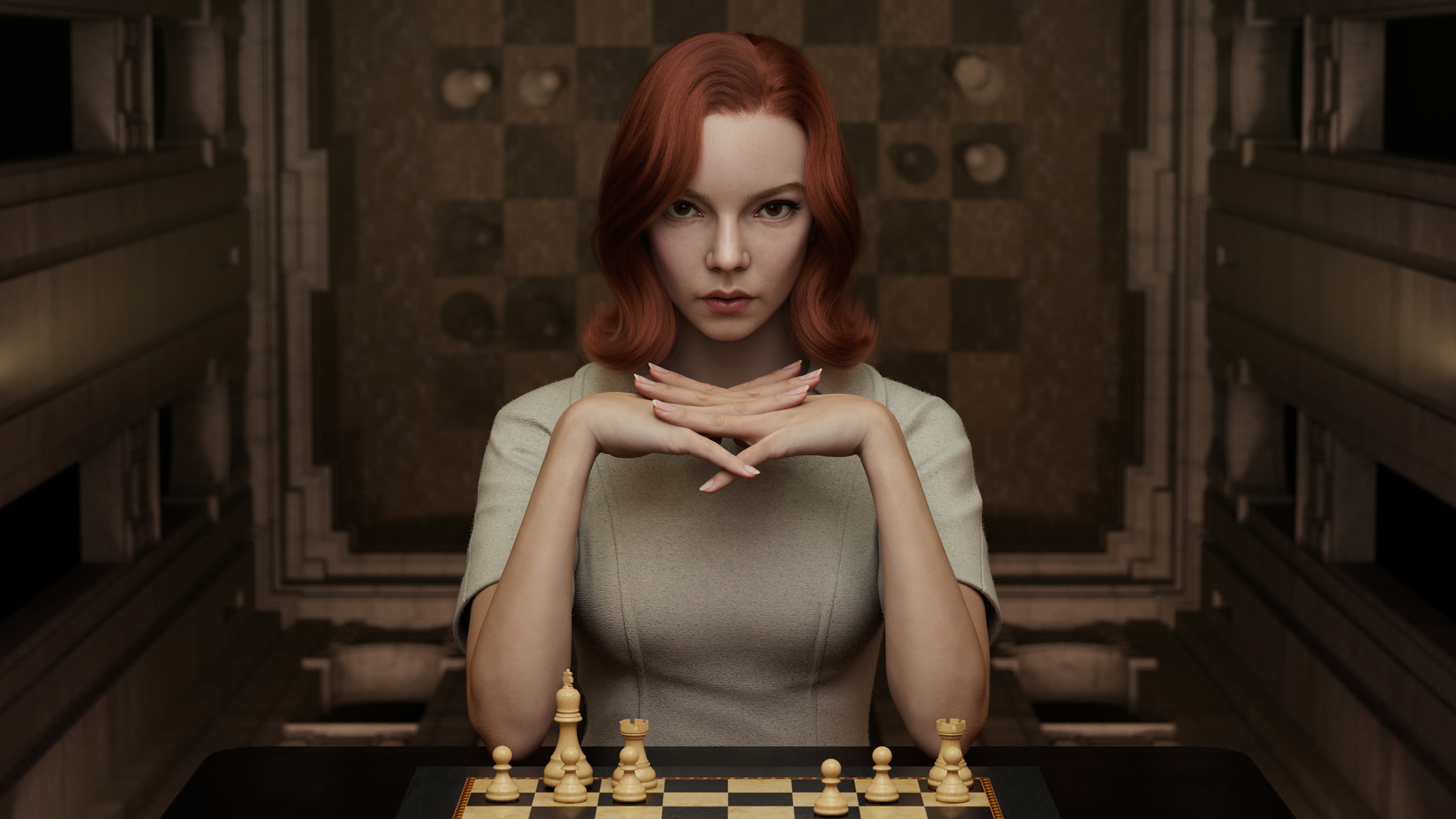 Anya Taylor-Joy, artwork, Beth Harmon, looking at viewer, CGI, fan art, digital art, 2K, The Queens Gambit, ArtStation, 3D, Xie Boli, redhead, chess, digital, HD Wallpaper