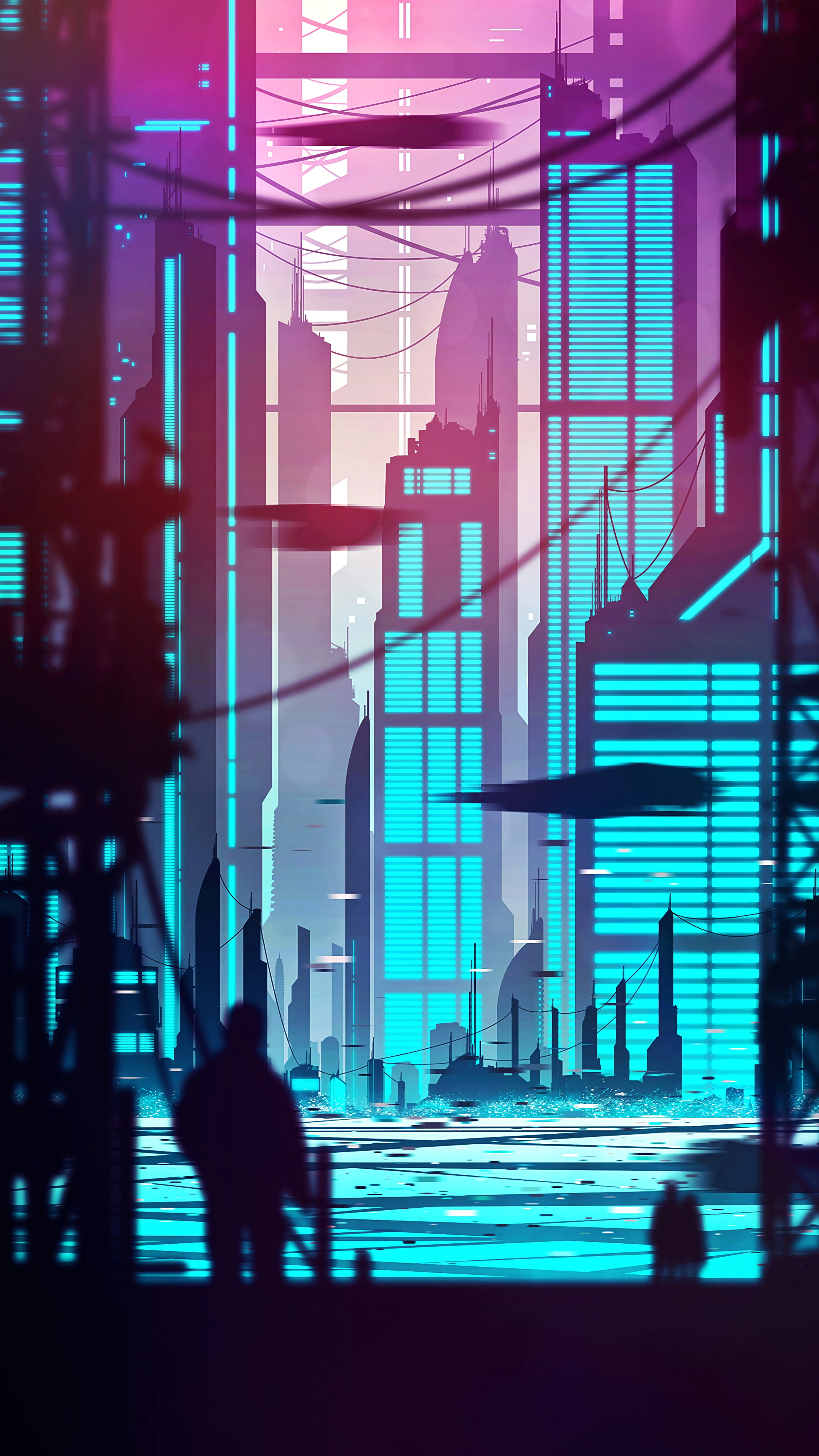 4K, silhouette, art, city, outlines, cyberpunk, buildings, Phone HD Wallpaper
