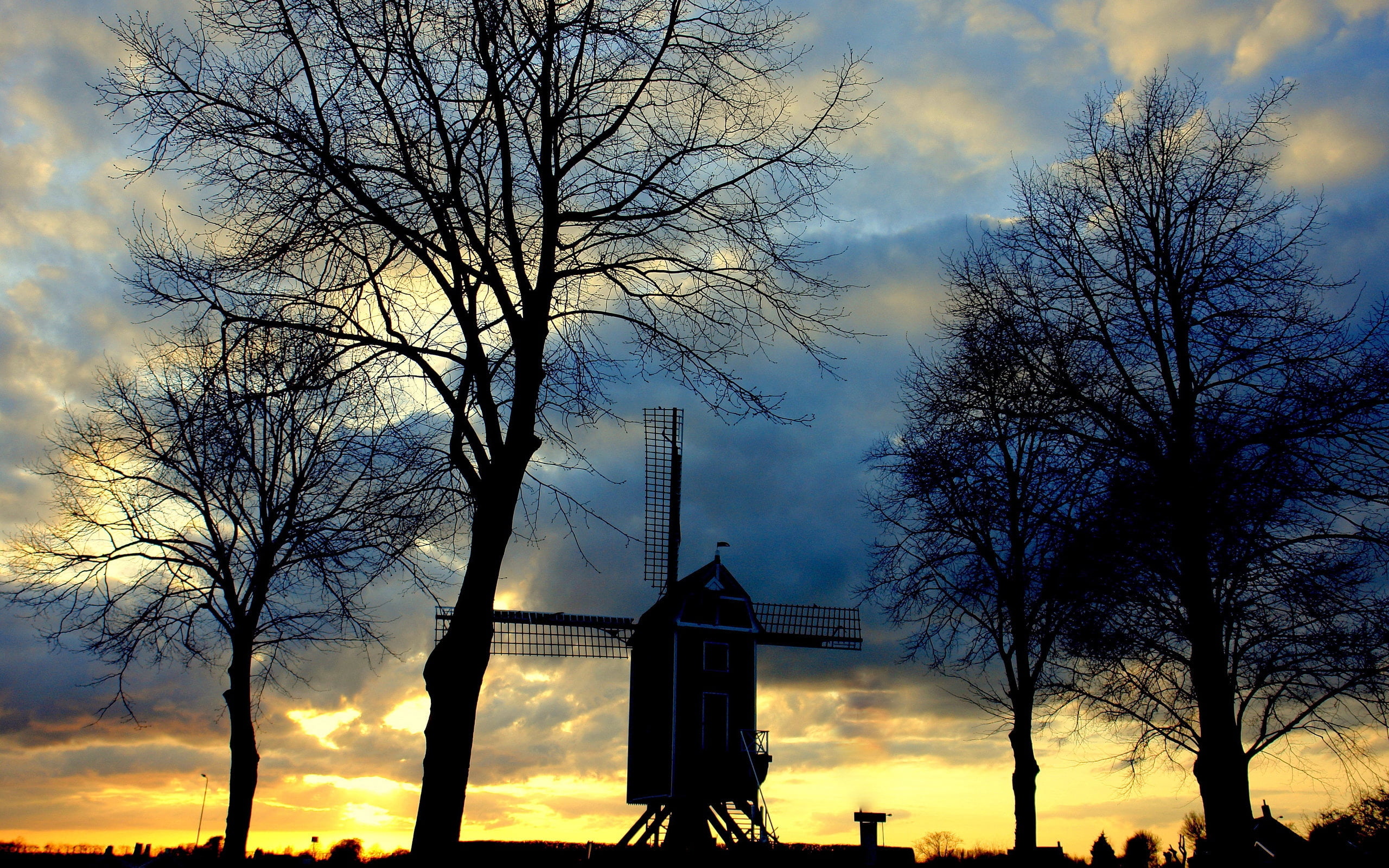 nature, 2K, outdoors, sunlight, urban Scene, place of worship, cloud - Sky, dusk, black, church, trees, evening, tower, building, windmill, skyscraper, HD Wallpaper