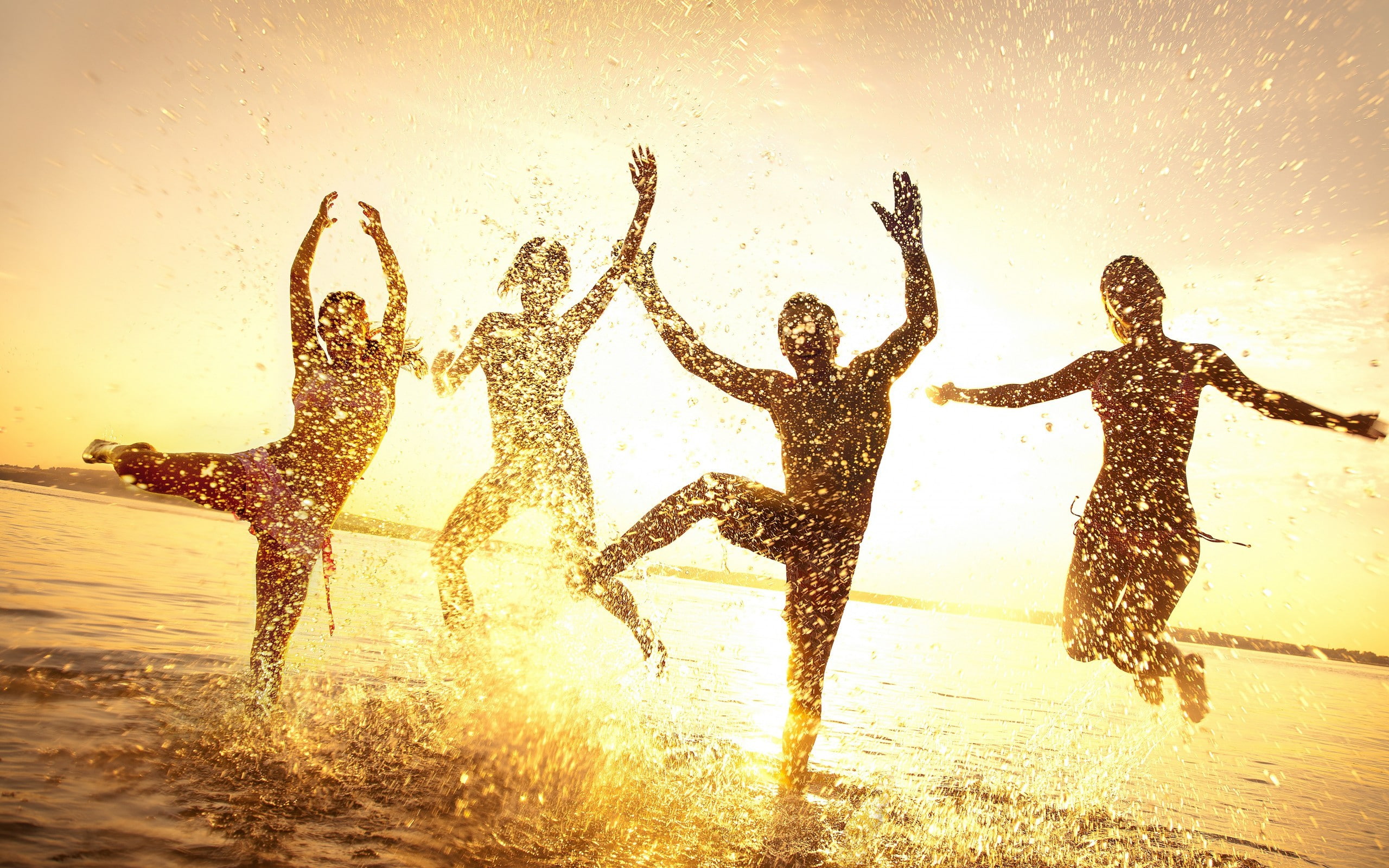 Sunset, silhouettes, groups, joy, dance, silhouette, light, splashes, photogram, beach, drops, horizon, sky, women, rays, Individuals, girl, water, 2K, HD Wallpaper