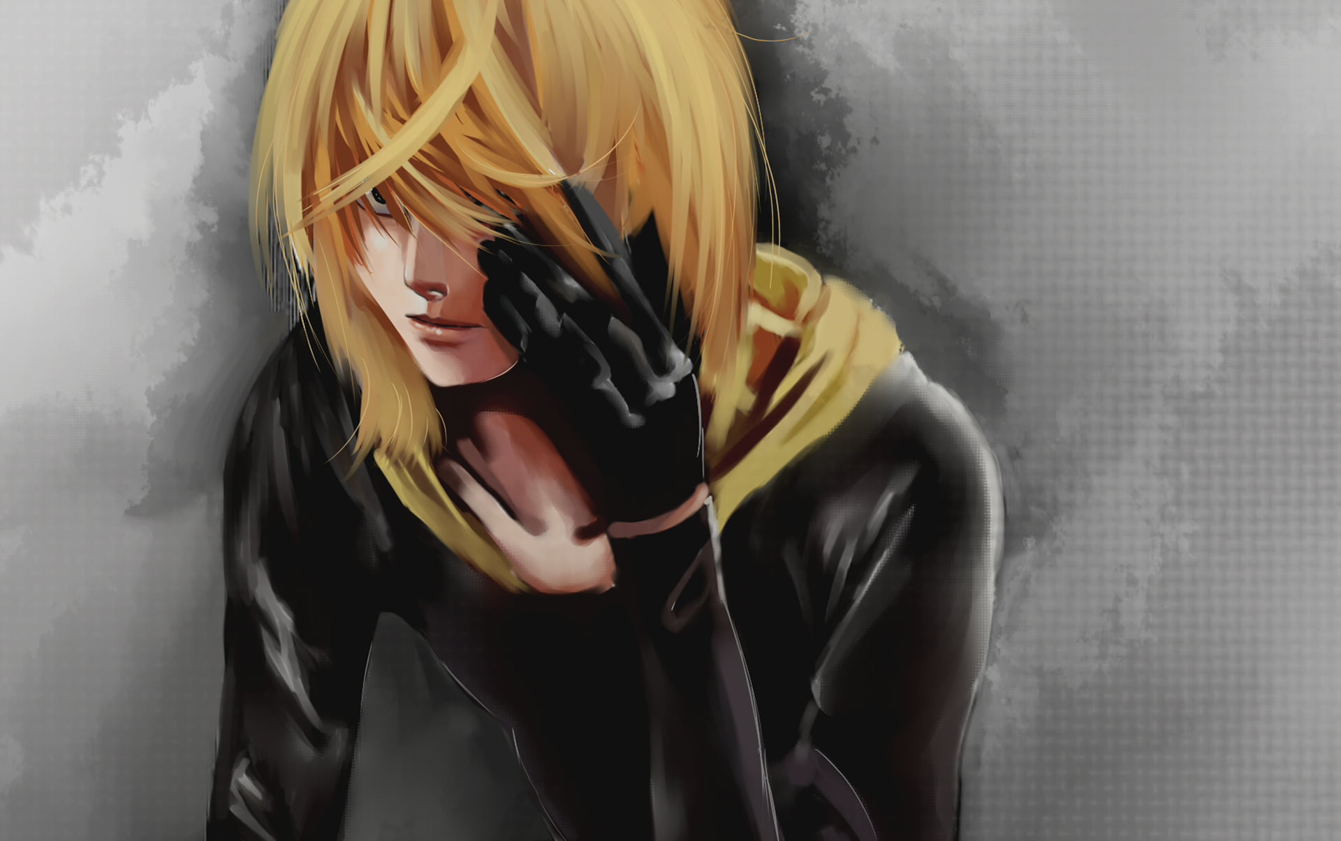 casual clothing, anime, blonde, portrait, hairstyle, guy, obscured face, beautiful woman, 1080P, figure, standing, waist up, young women, indoors, DEATH NOTE, HD Wallpaper