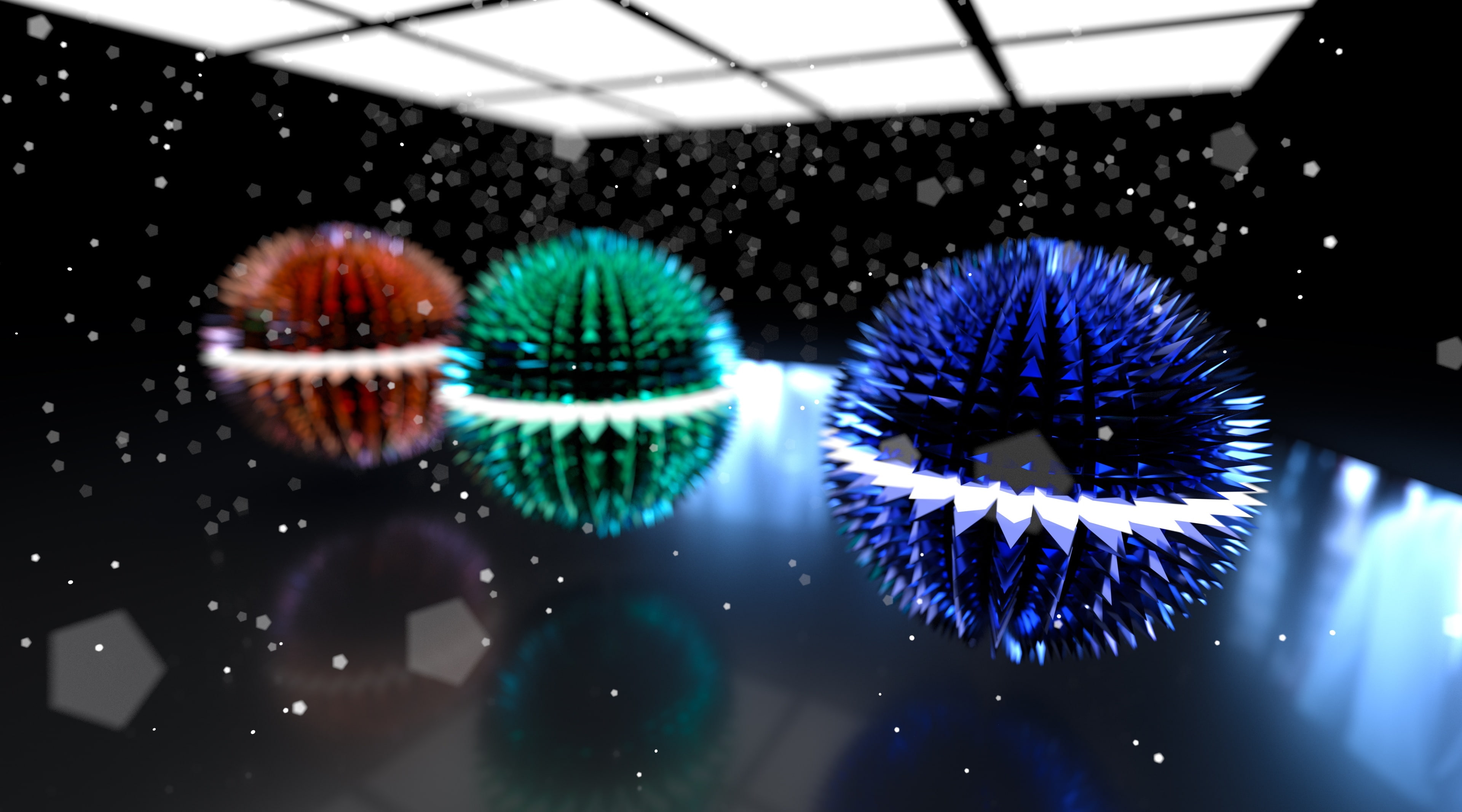 spheres, 4K, digital composite, selective focus, spiked, deviantart, motion, Artistic, indoors, illuminated, 4k, cycles, minimalistic, b3d, technology, HD Wallpaper
