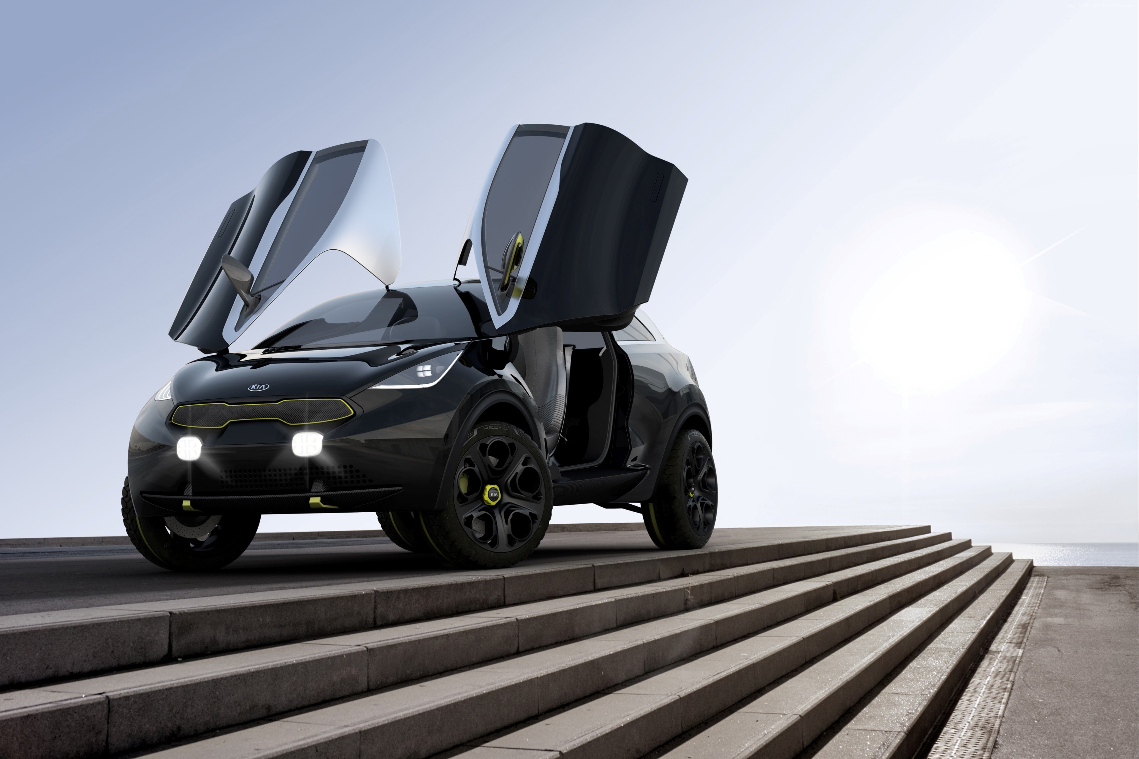 mountain, 2K, doors, ecosafe, interior, hybrid, Kia, Kia Niro, black, crossover, concept, HD Wallpaper