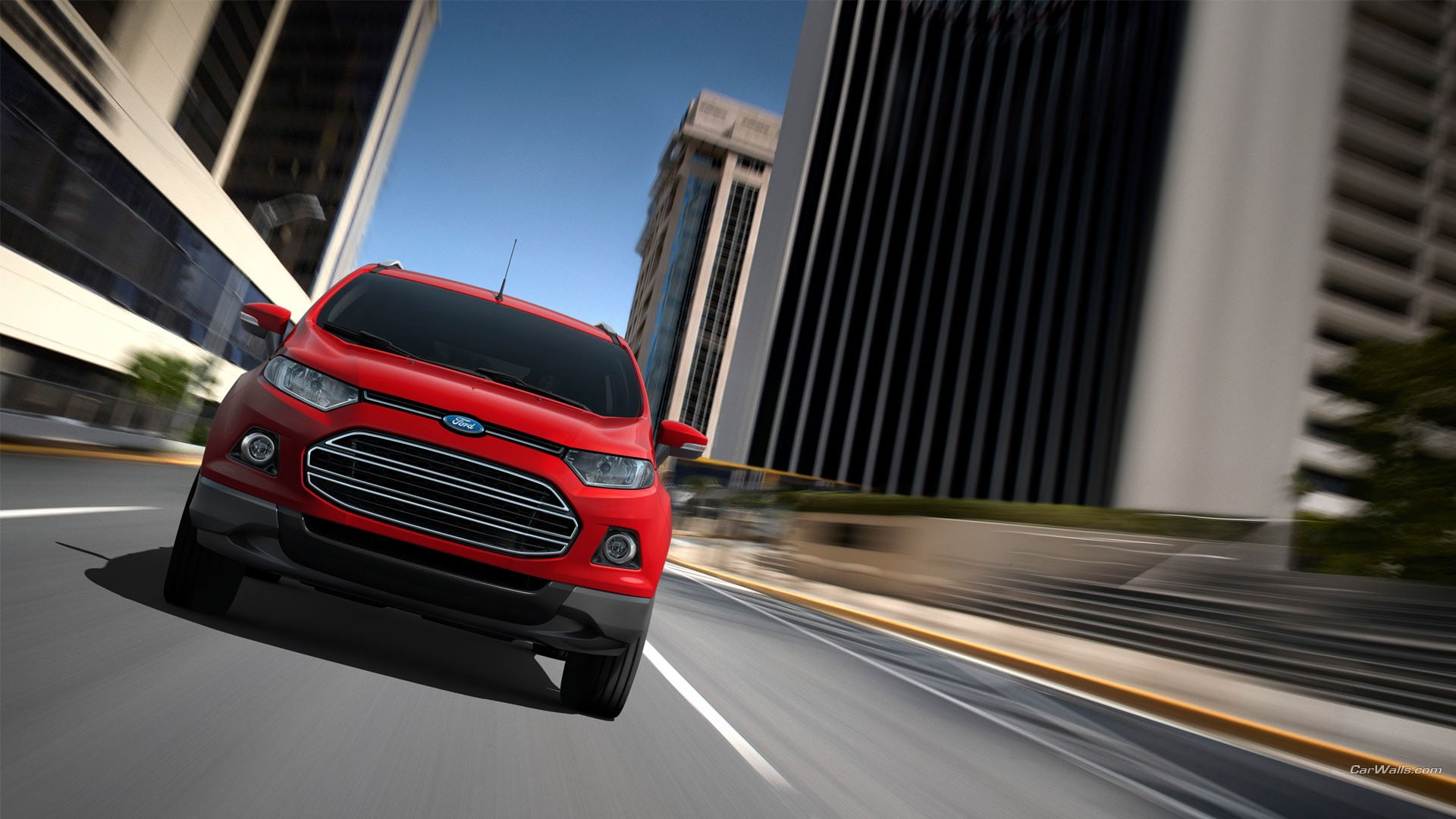 street, built structure, Ford, red, building exterior, architecture, transportation, city, day, suv, Ford EcoSport, road, red cars, on the move, vehicle, HD Wallpaper
