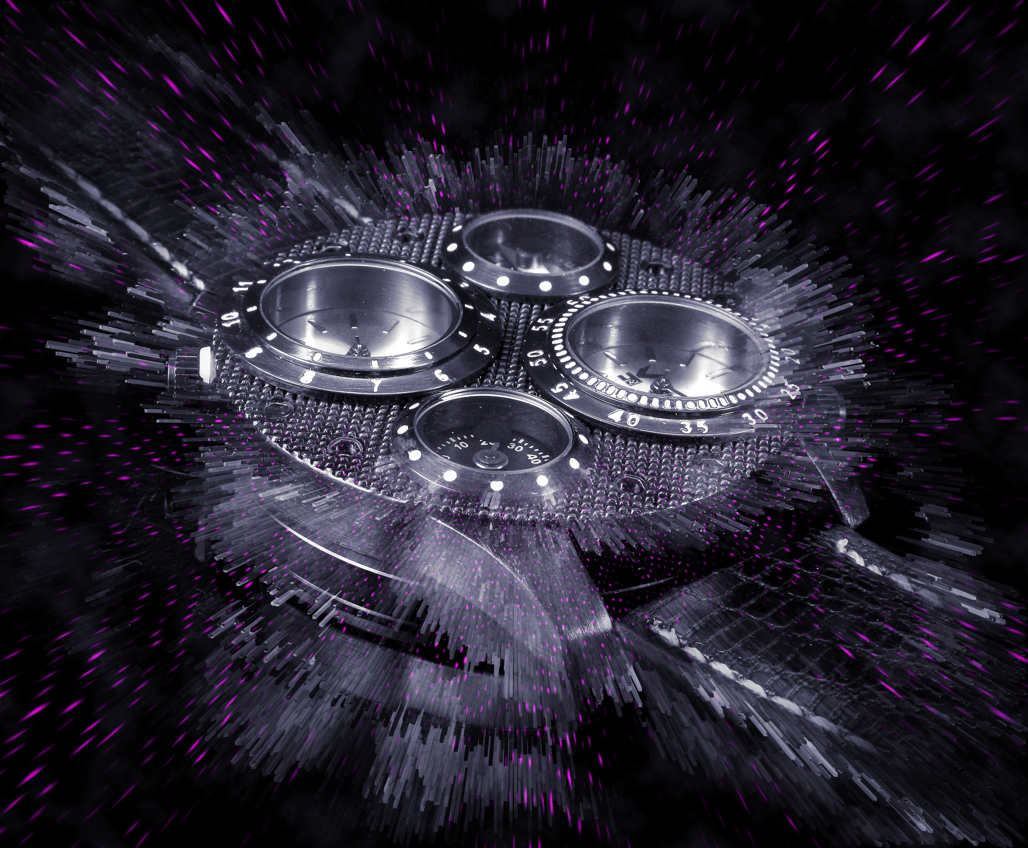 outdoors, digital composite, no people, purple, full frame, abstract, broken, lighting equipment, black background, digital enhanced, wristwatch, male watch, HD Wallpaper