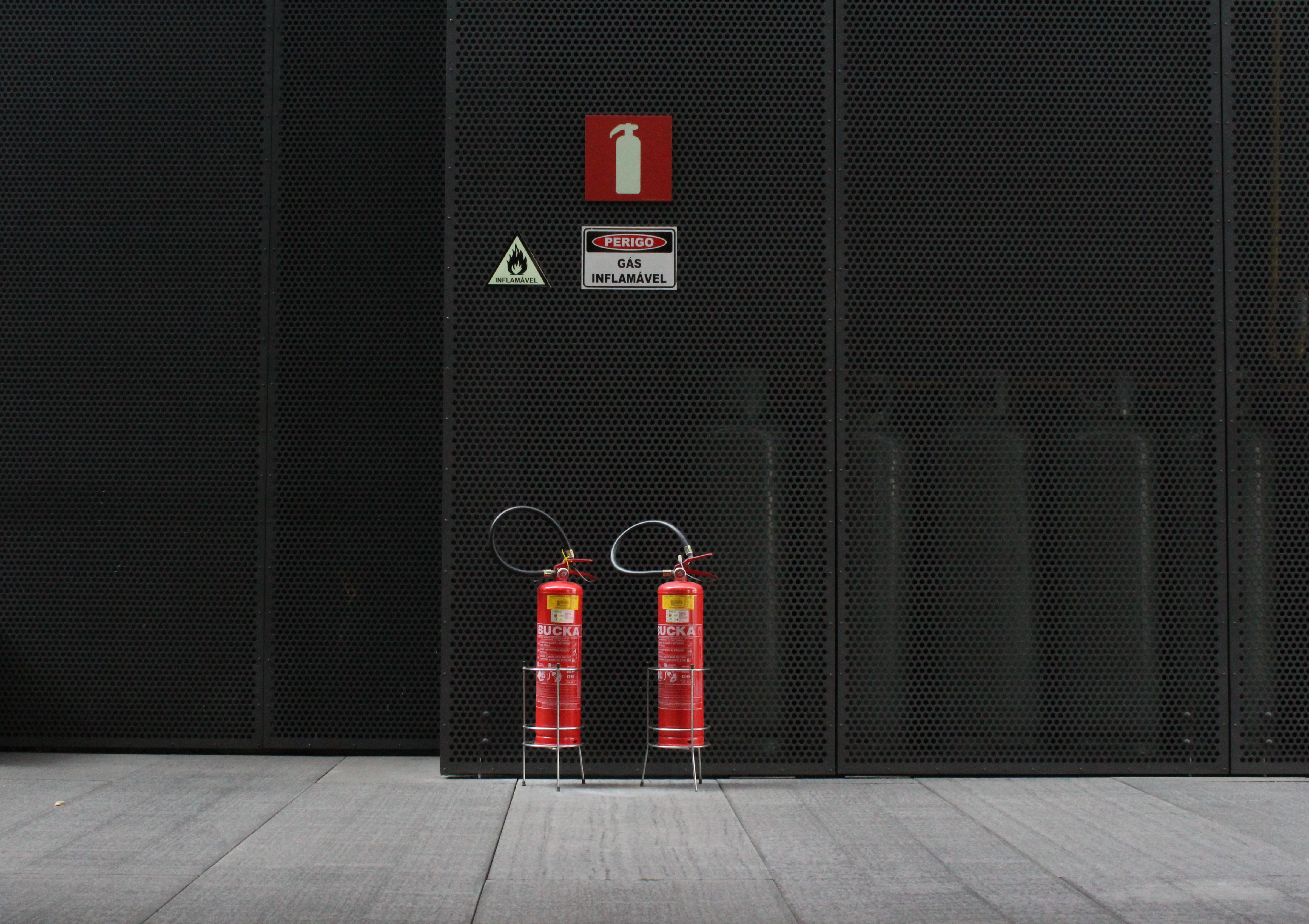 red, extinguisher, tanks, business, illuminated, caution, light, 4K, emergency equipment, sign, fire, danger, arrow symbol, road, room, day, device, gas, HD Wallpaper