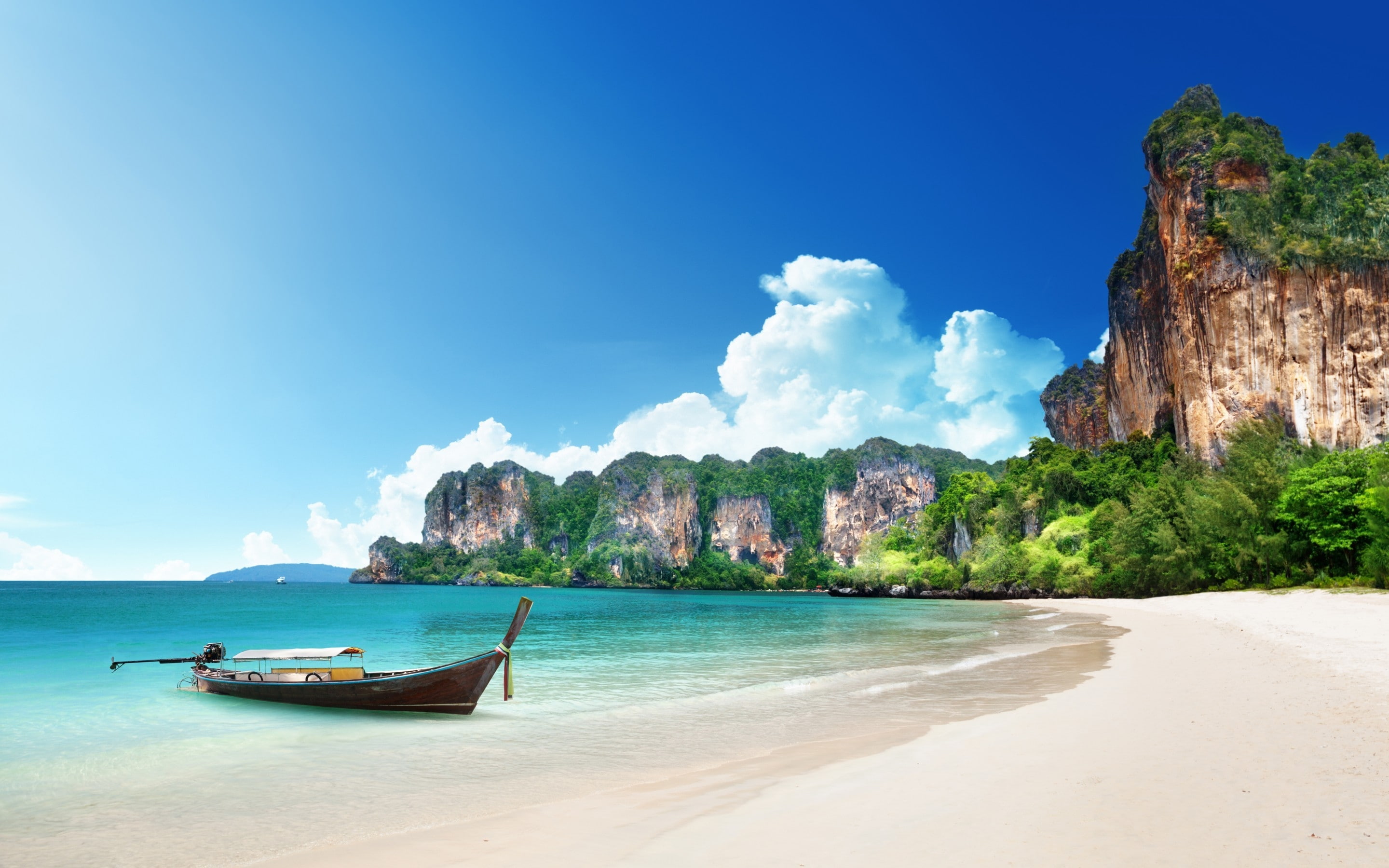 sand, landscape, ocean, boat, paradise, 2K, corner, beach, HD Wallpaper