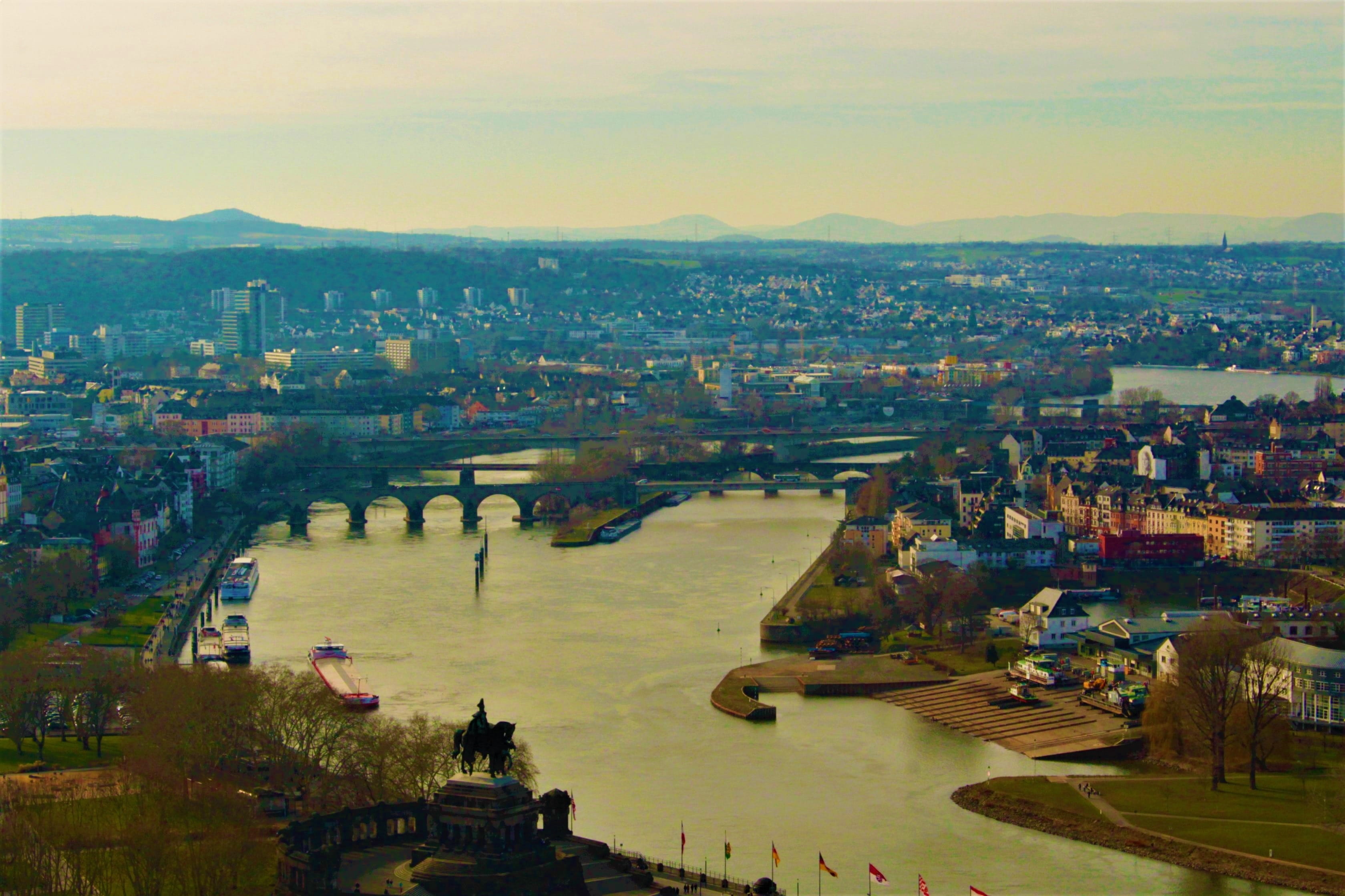 historical, ships, residential district, 2K, travel, germany, ehrenbreitstein, panorama, german corner, nature, crowd, outdoors, rhine, tourist attraction, HD Wallpaper