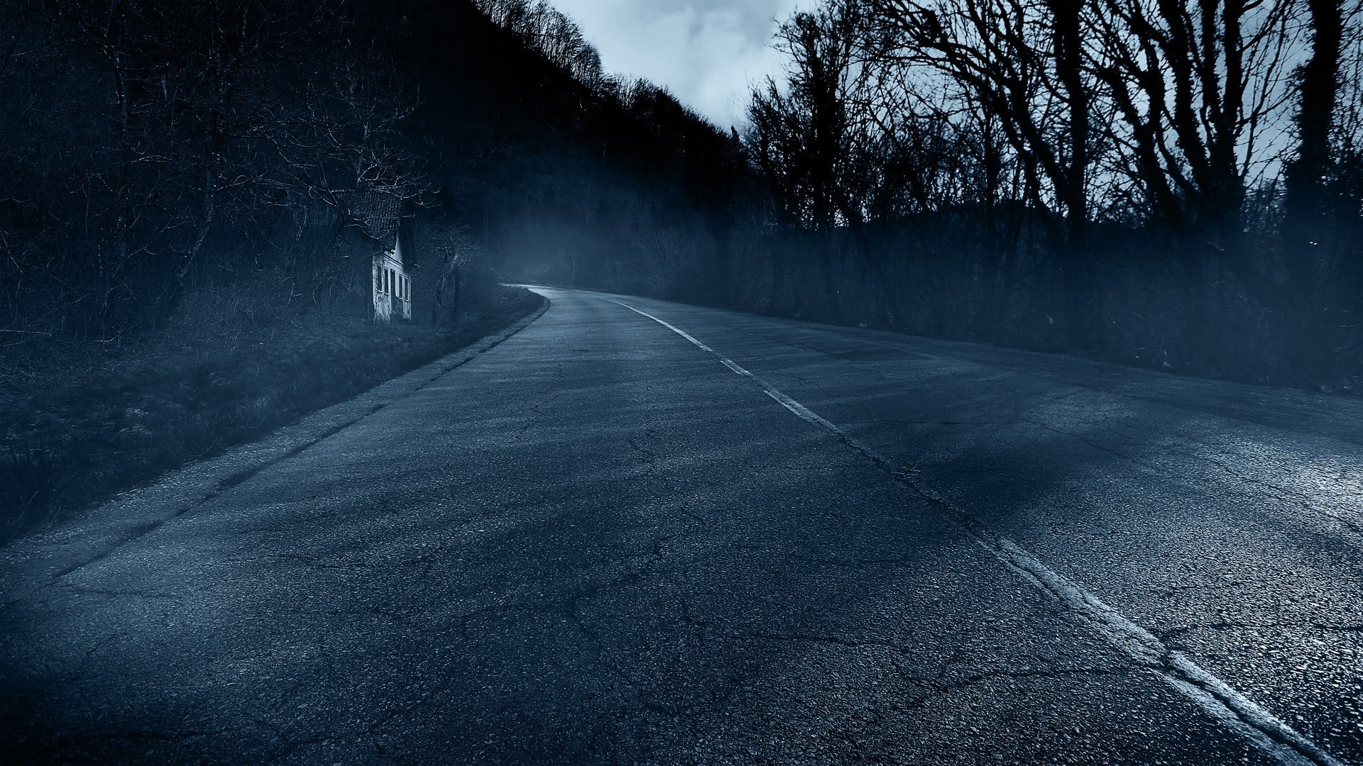 spooky, concrete, road, pavement, no people, transportation, winter, outdoors, sign, gray, the way forward, 1080P, cold temperature, land, dark, day, forest, HD Wallpaper