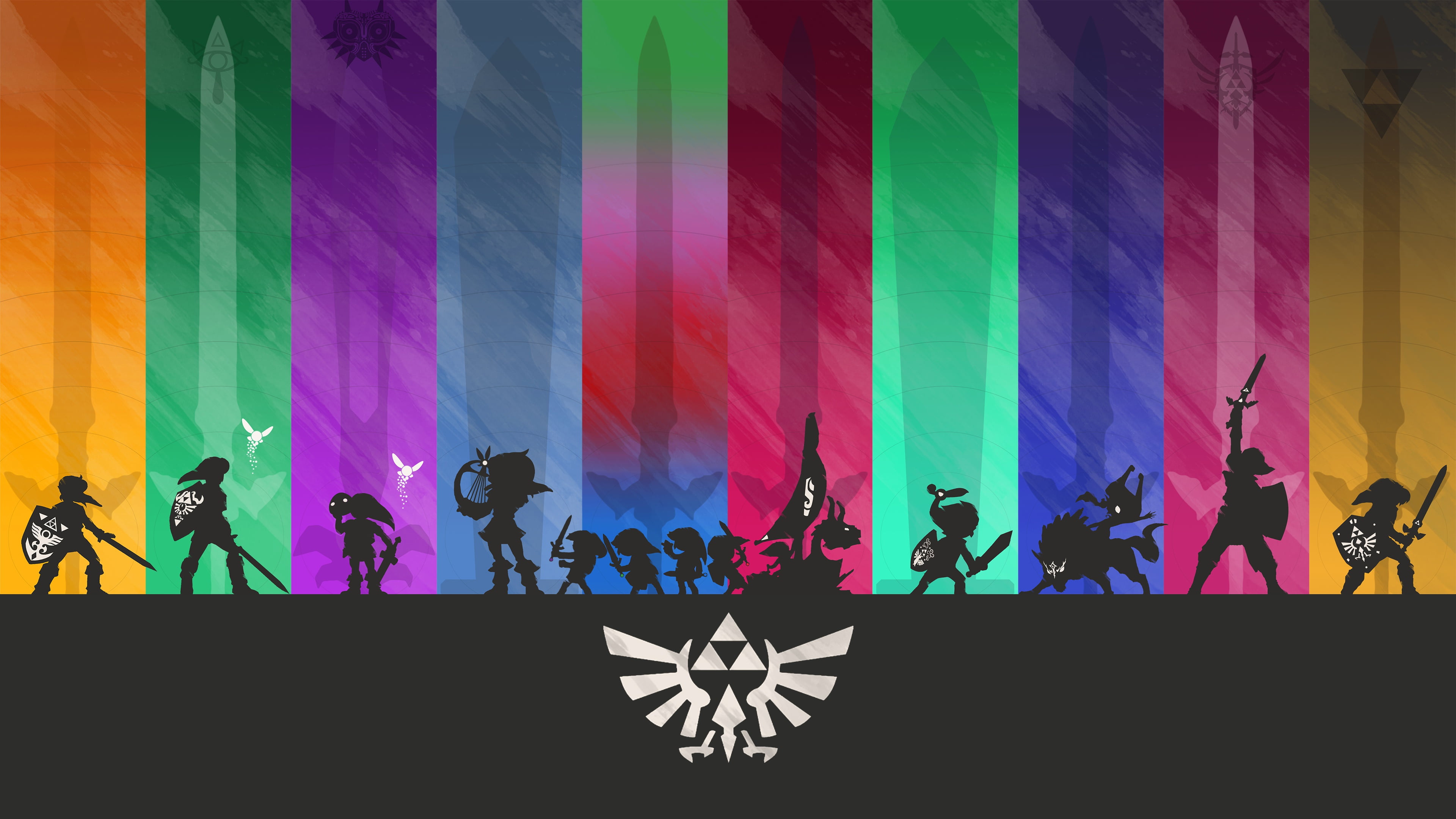 figure, pink, green, yellow, light, sword, purple, red, silhouette, blue, heroes, 4K, orange, grey, Burgundy, game, The Legend of Zelda, shadow, minimalism, HD Wallpaper