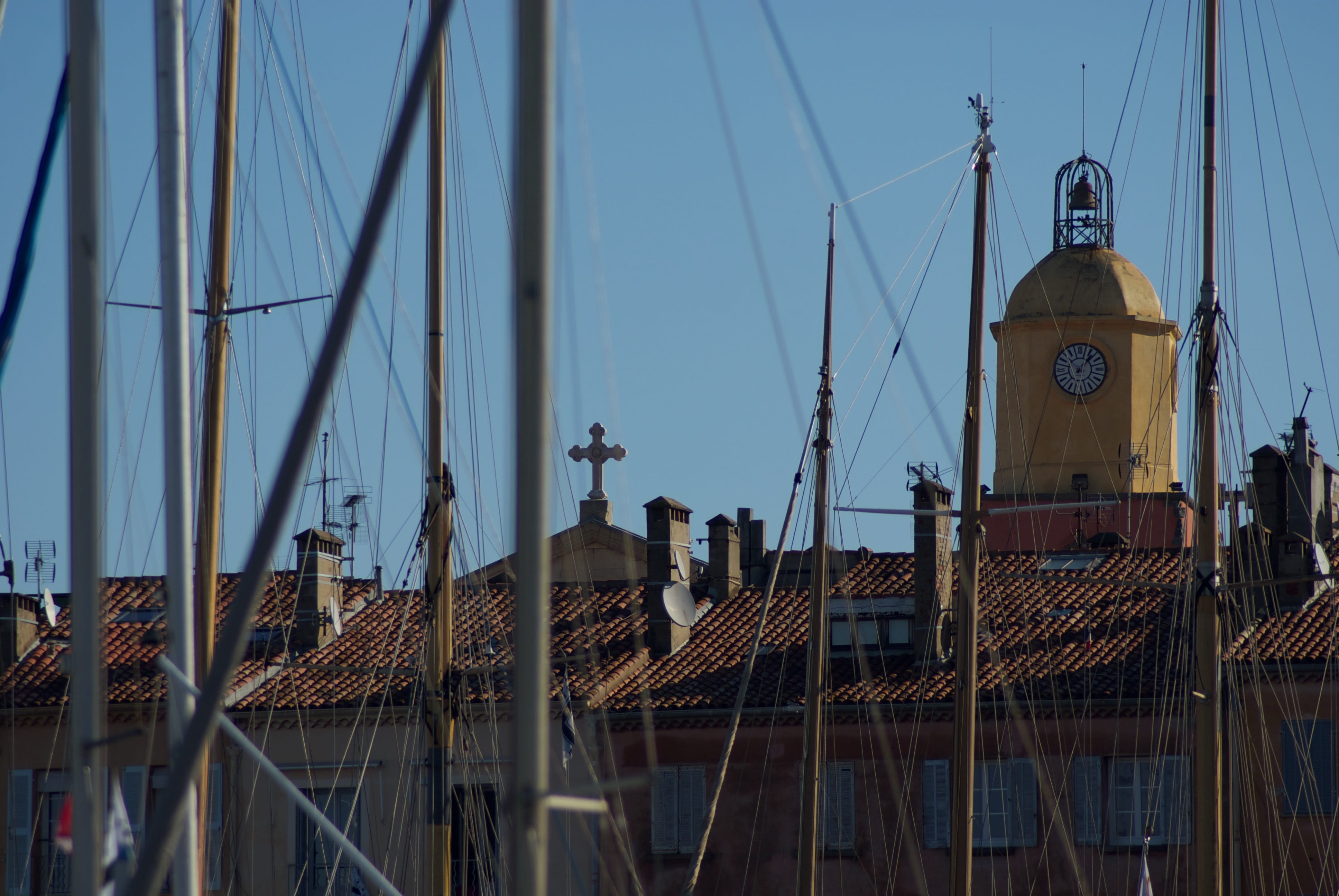mode of transportation, france, transportation, water, dome, mast, sea, port, nature, sailboat, day, summer, cote dazur, bell tower, saint-tropez, moored, HD Wallpaper