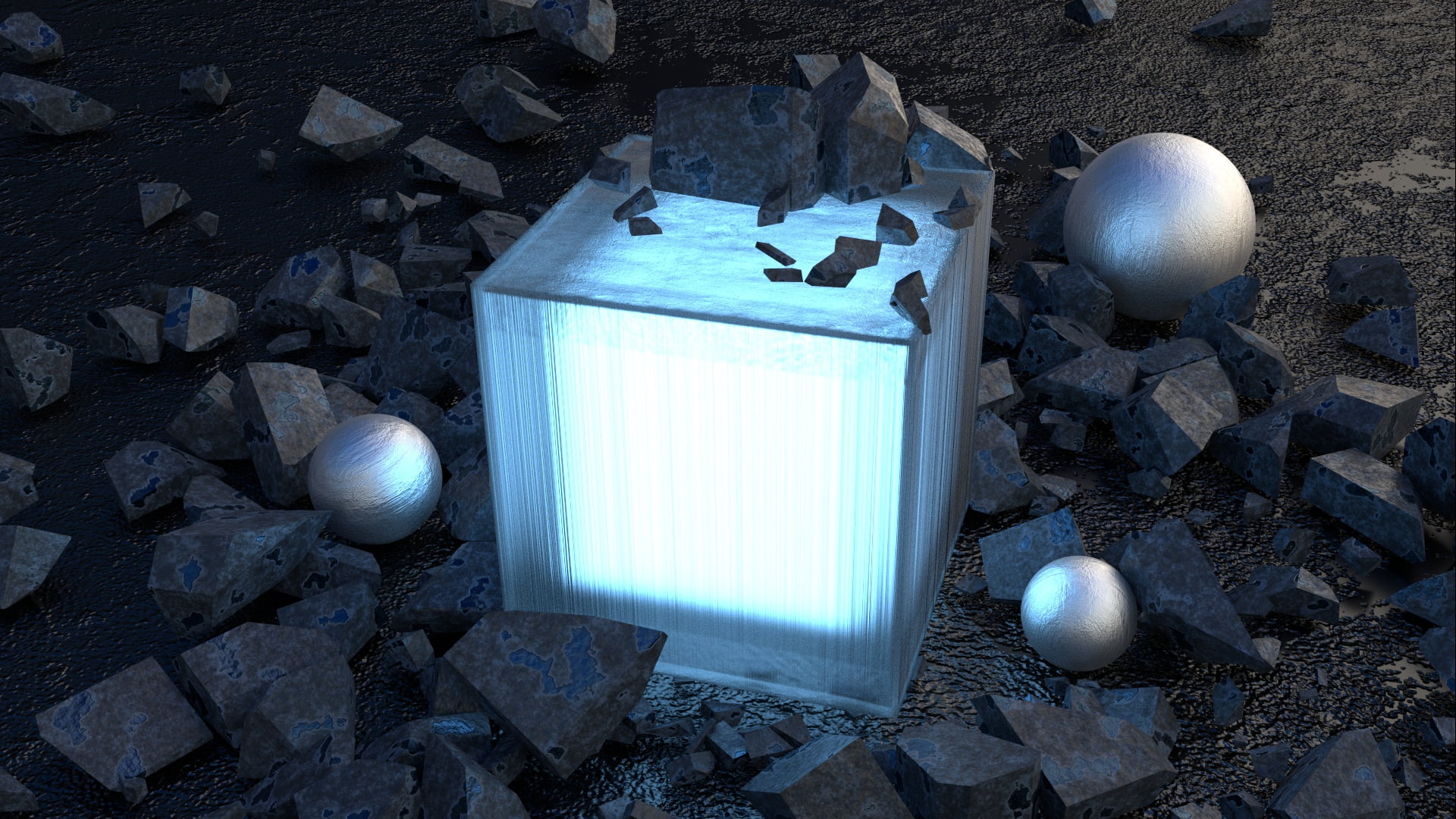 1080P, ball, stones, reflection, rock, digital art work, glass, light, blender3d, scene, material, render, art, cube, HD Wallpaper