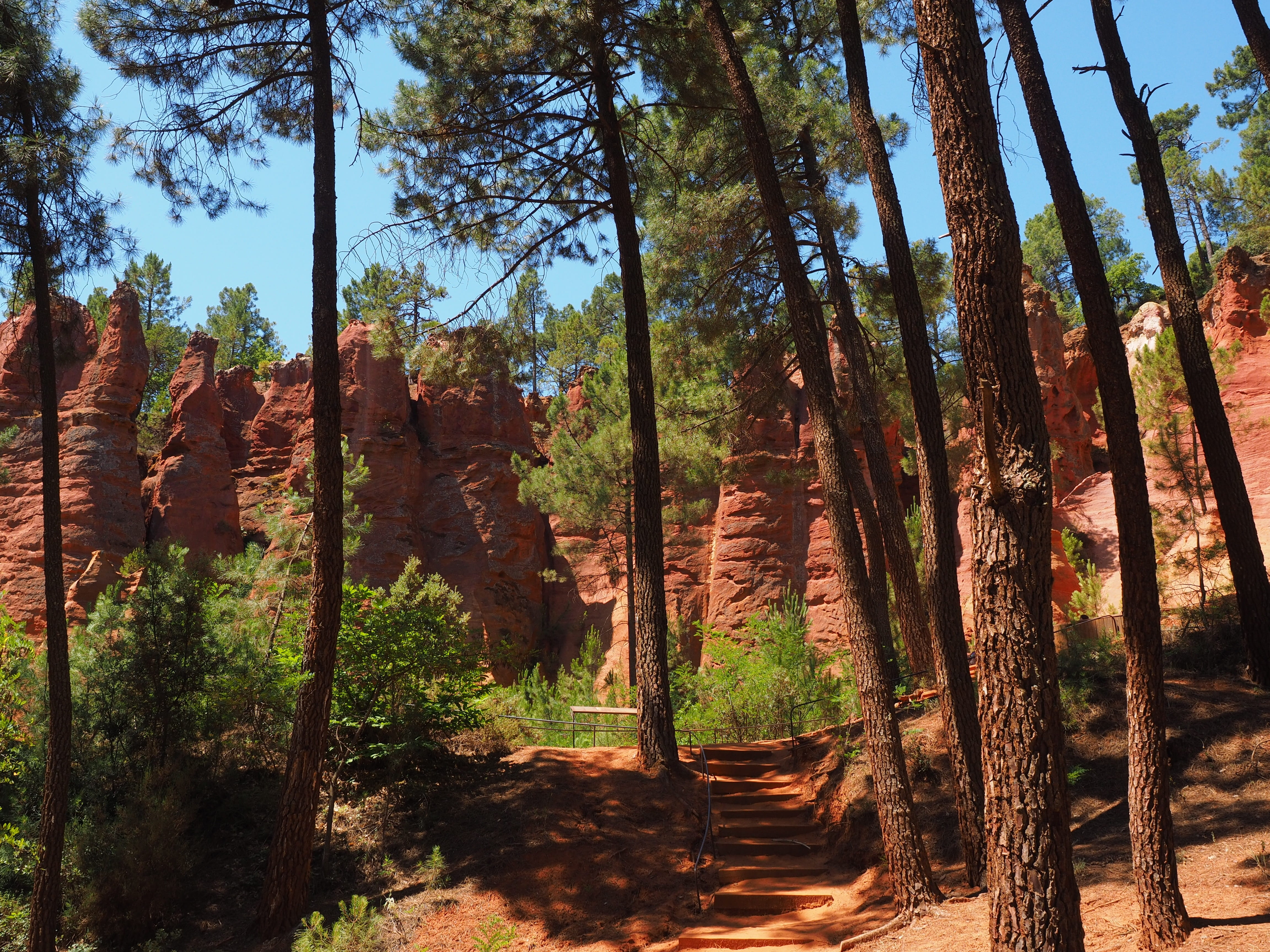 land, no people, chaussee of geants, falaises de sang, tree trunks, day, rocky towers, sky, nature trail, hue, colorful, nature park luberon, trunk, pine family, HD Wallpaper