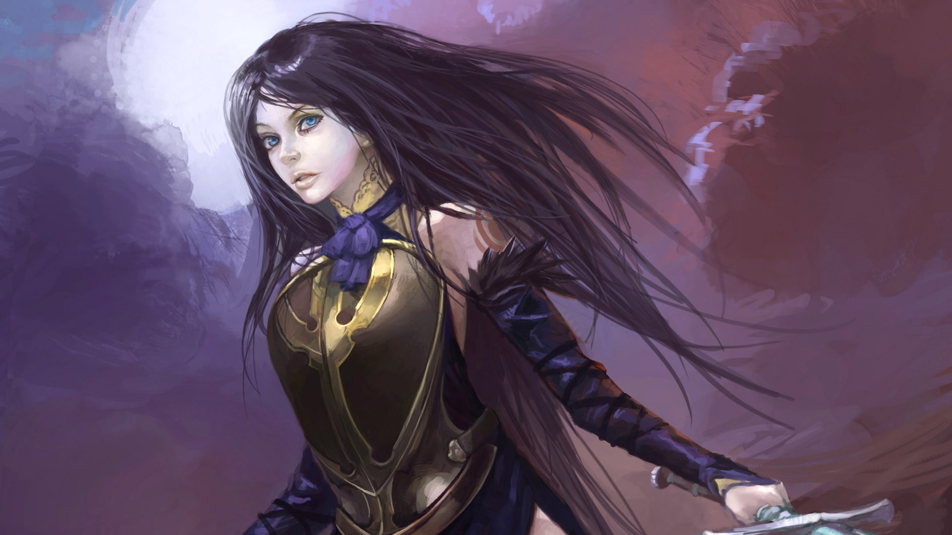 indoors, young women, one person, sword, long hair, portrait, leather jacket, women, clothing, purple, young adult, lifestyles, 1080P, hair, Shanoa (Castlevania), HD Wallpaper