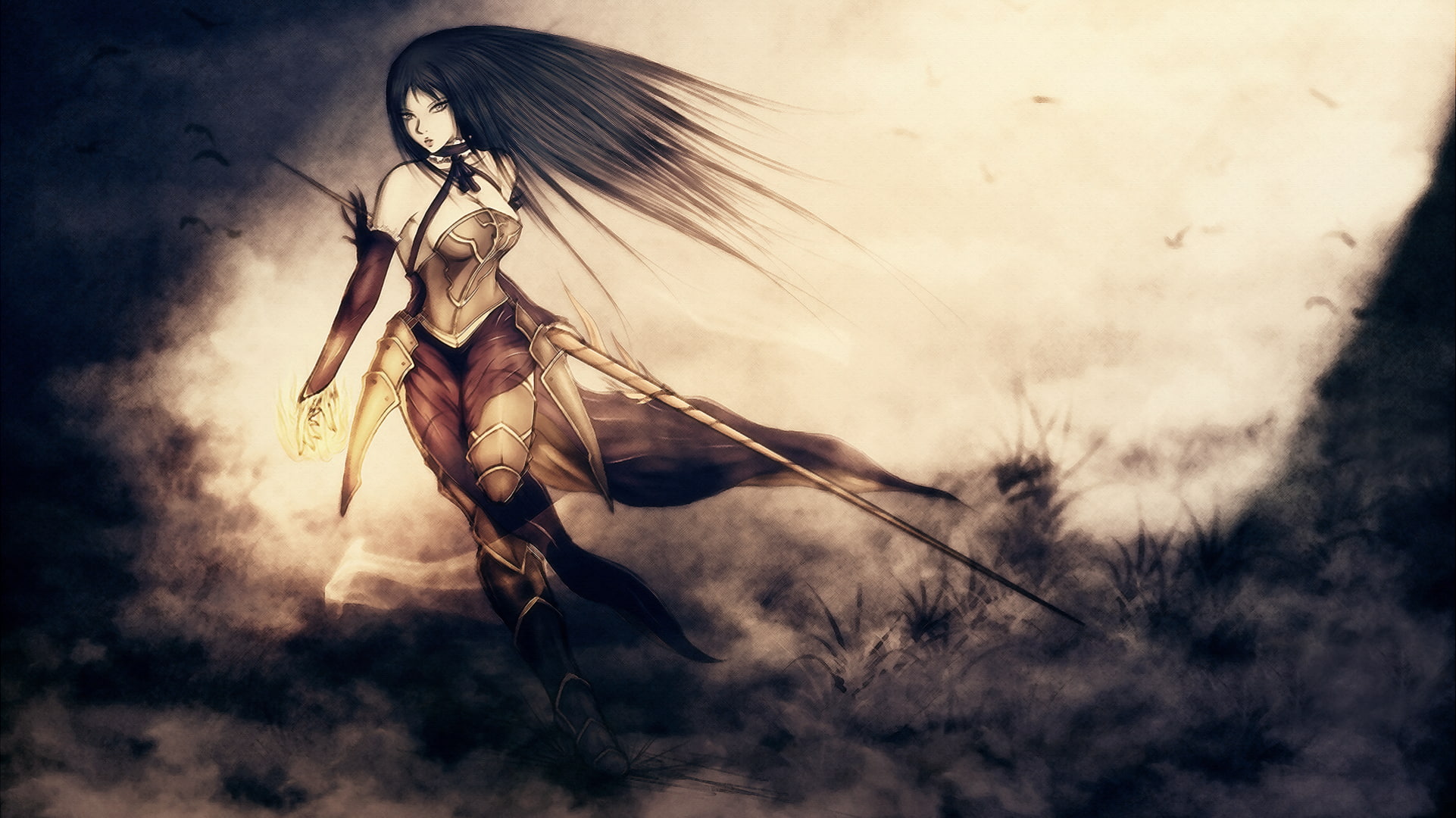 animal body part, 1080P, fantasy, low angle view, bizarre, spooky, textured effect, vignette, plant, fantasy Art, sky, Video Game Girls, hanging, Shanoa (Castlevania), HD Wallpaper