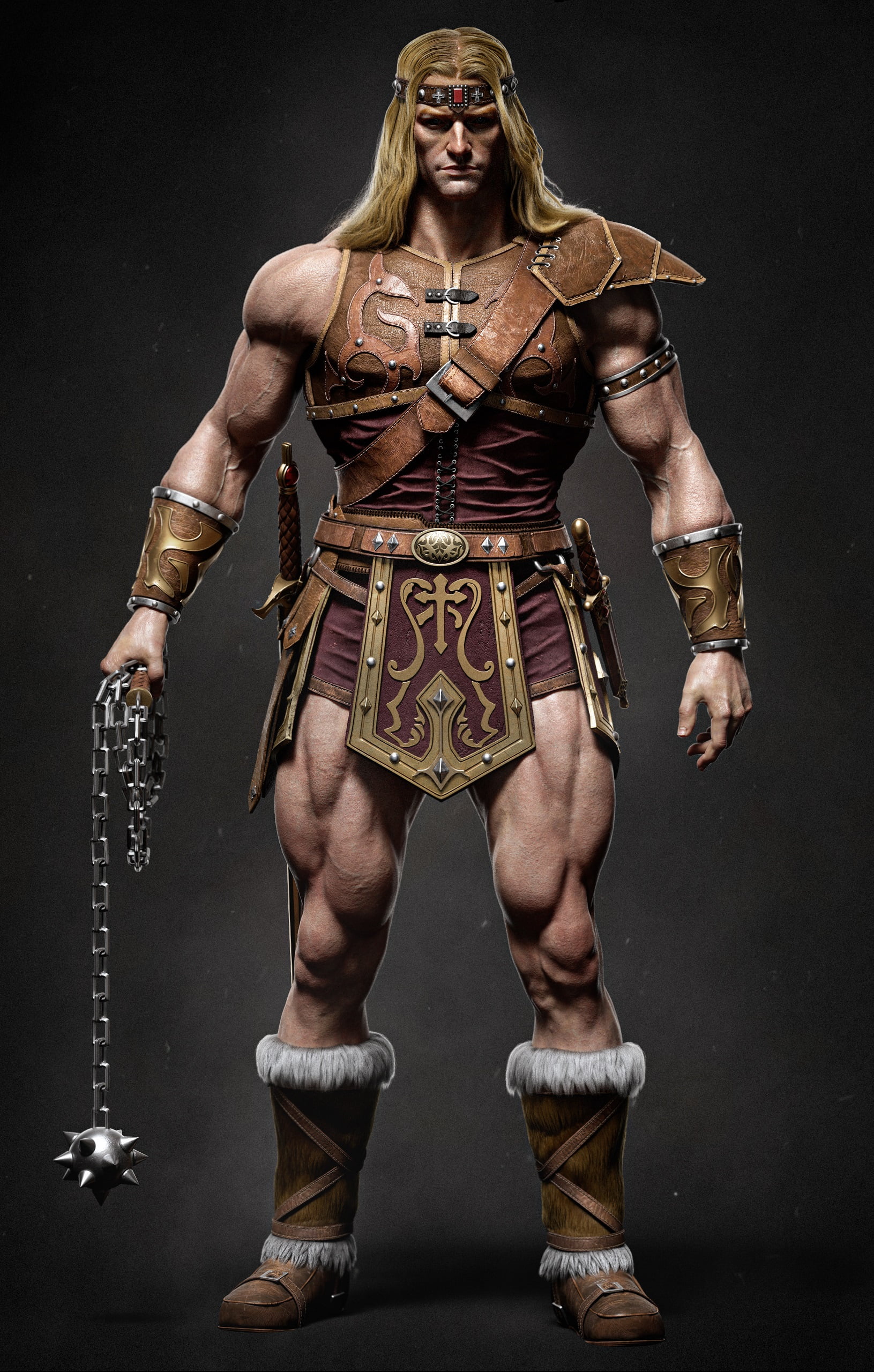 warrior, long hair, blonde, Simon Belmont (Castlevania), spikes, armor, muscular, chains, weapon, leather, men, Castlevania, Andres Zambrano, CGI, headband, Phone HD Wallpaper