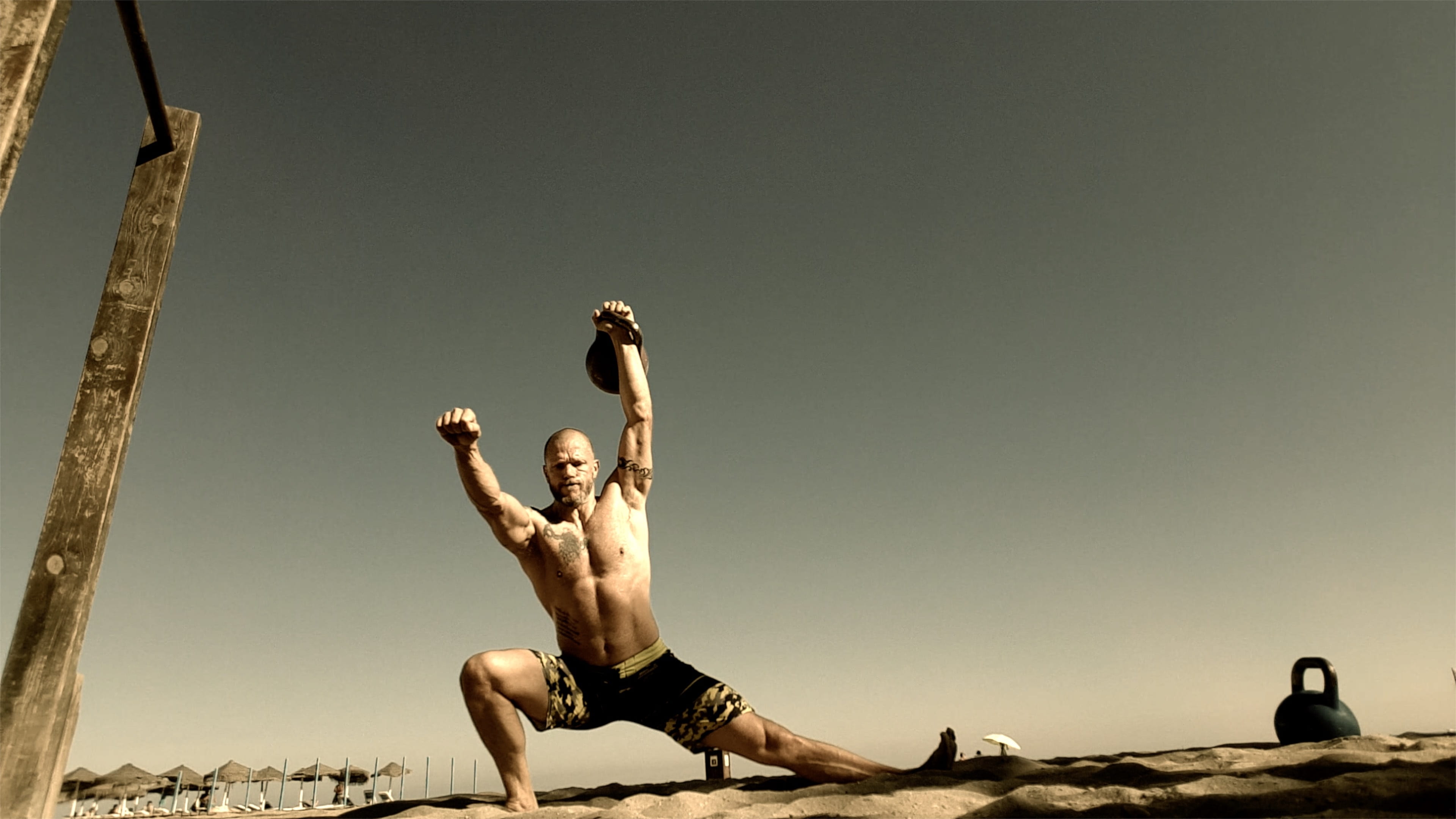 real people, outdoors, arms raised, full length, kettlebells, men, lifestyles, sport, human arm, no shirt, exercising, vitality, effort, overhead squat, HD Wallpaper