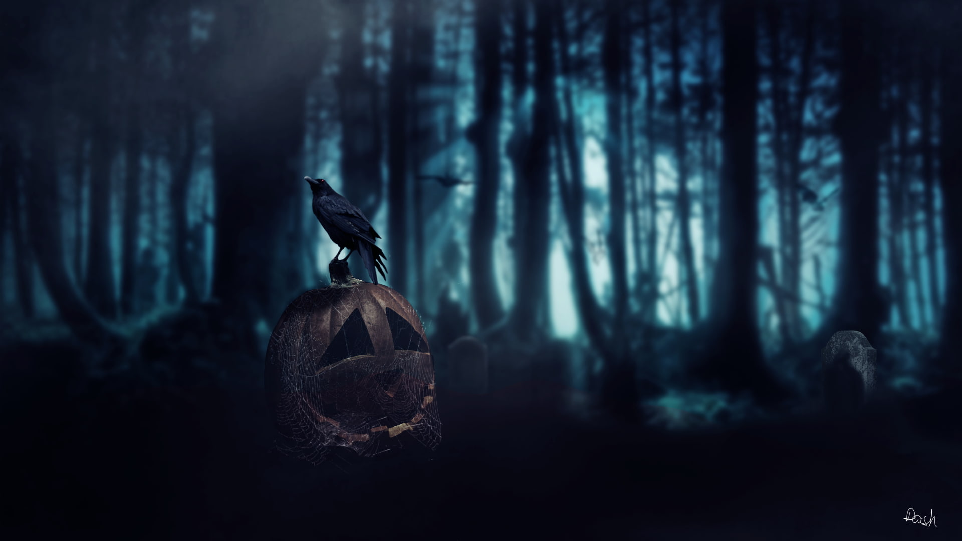 Halloween, forest, crow, death, Dark Age, pumpkin, 1080P, HD Wallpaper
