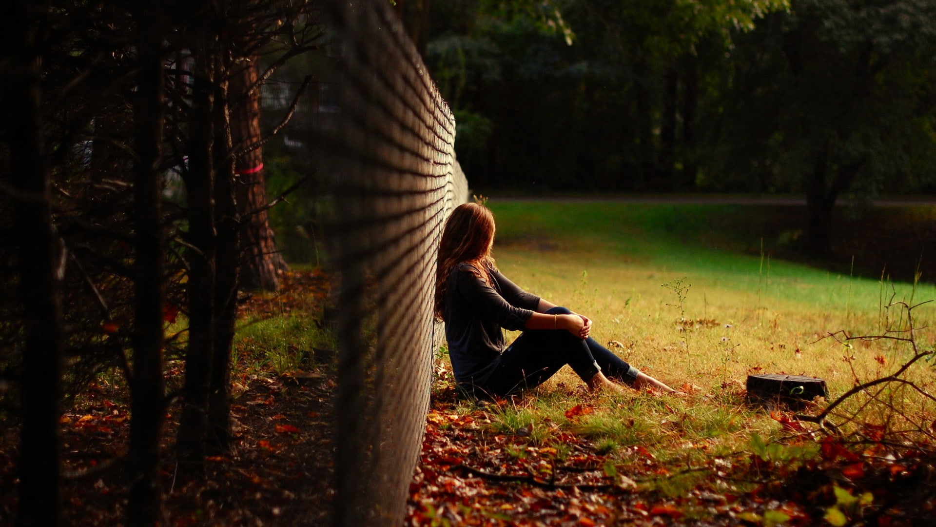 fence, forest, beautiful girl, 1080P, beautiful, girl, wide, lonely, HD Wallpaper