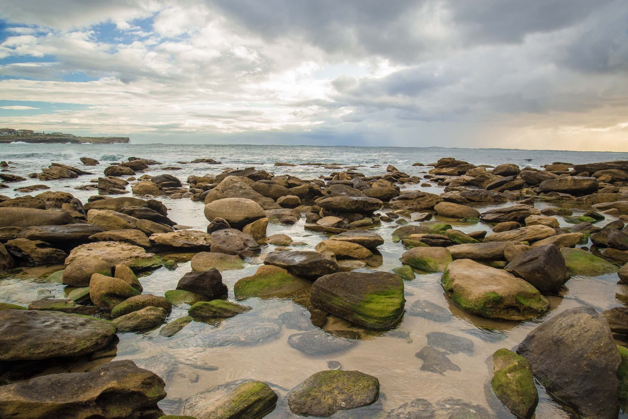 beauty in nature, land, horizon, 1080P, clouds, day, rock, no people, rocky, stone - object, sky, cloudy, water, white, pebble, solid, sydney, shores, HD Wallpaper