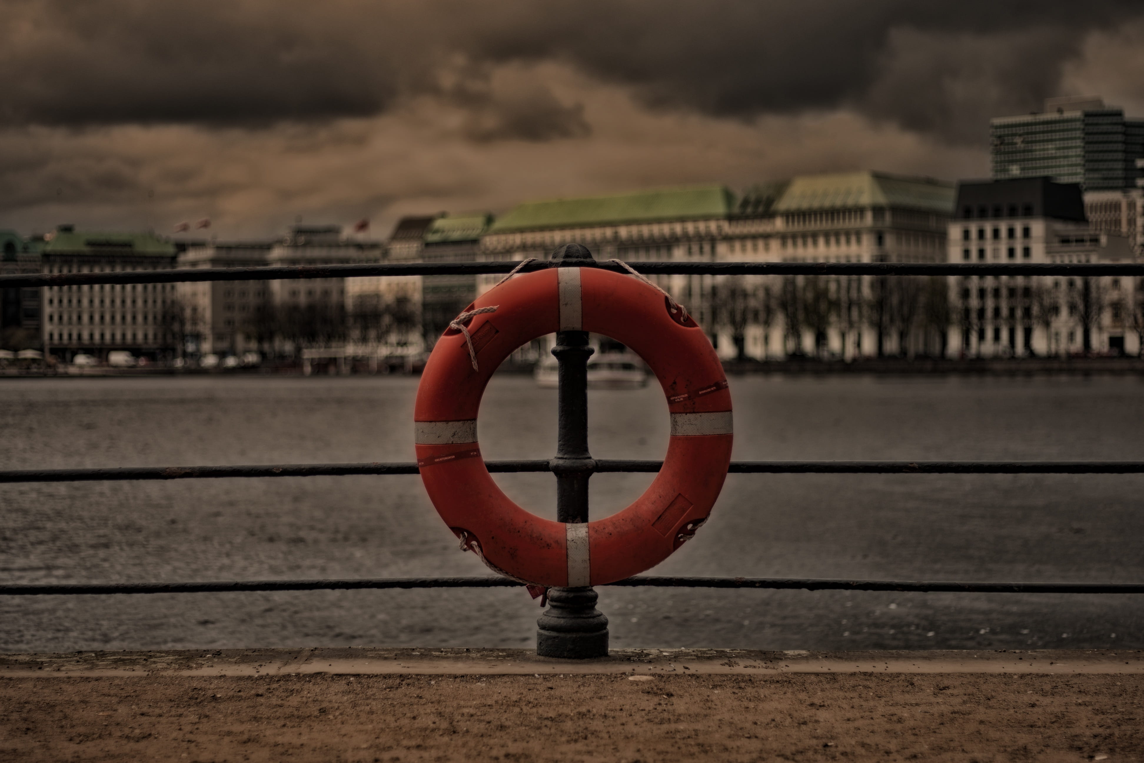 Hamburg, building exterior, city, life belt, Water, no people, geometric shape, security, river, architecture, outdoors, sky, safety, built structure, Lifebelt, HD Wallpaper