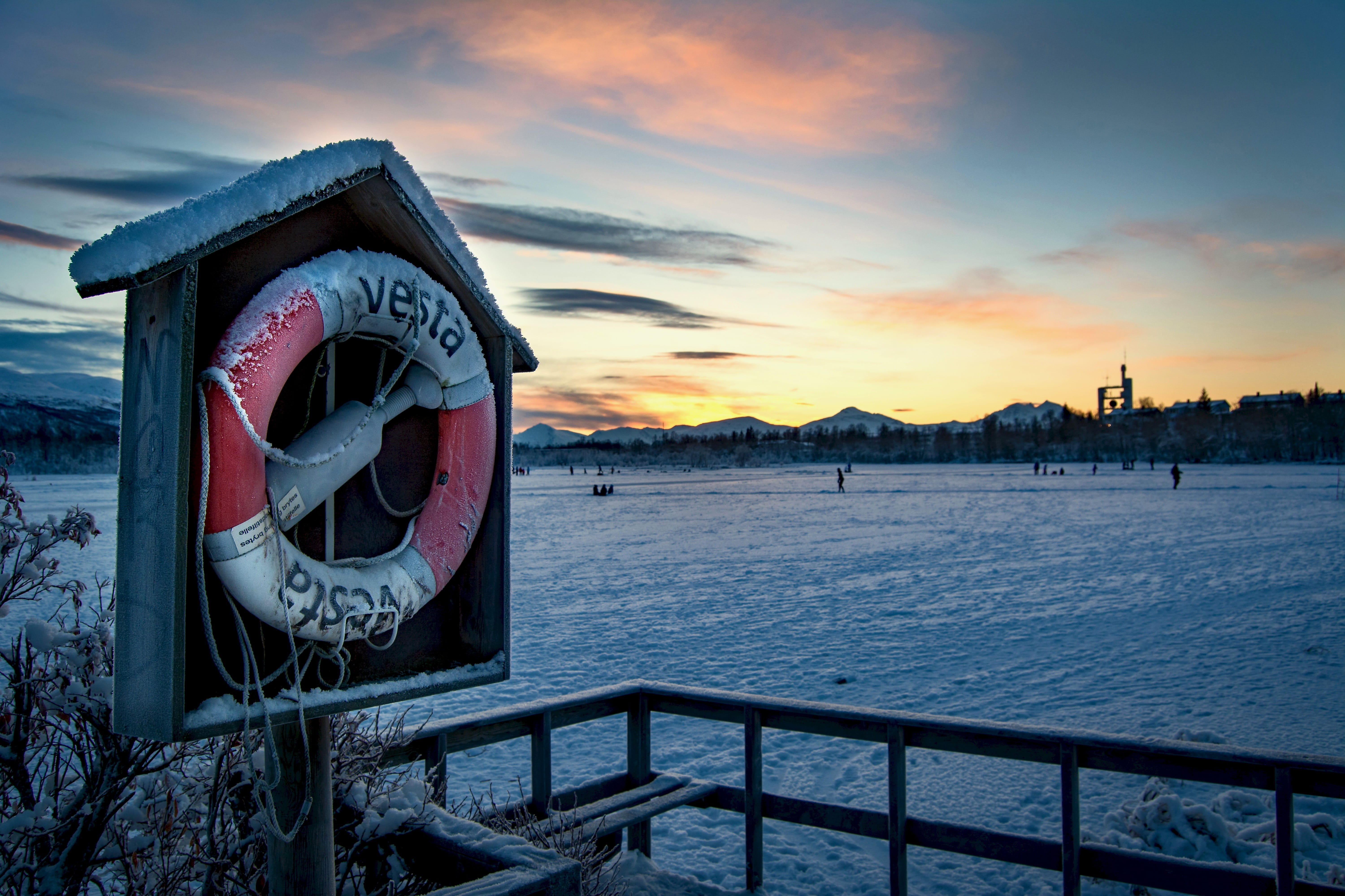 winter, sunset, cloud - sky, outdoors, orange color, security, skating, railing, no people, protection, tromsø, life belt, water, nature, beauty in nature, HD Wallpaper